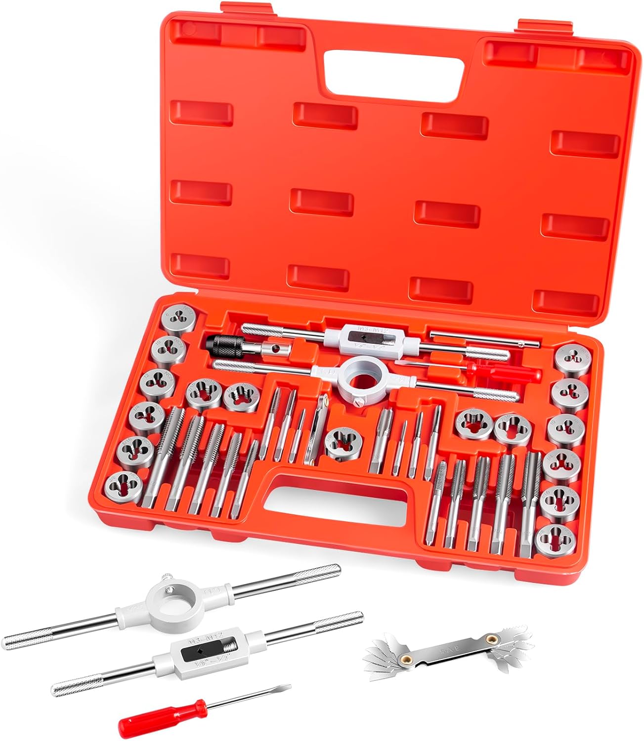EFFICERE 40-Piece Premium Tap and Die Set, SAE Unified Screw Thread, Size #4 to 1/2” | Include UNC Coarse, UNF Fine and NPT Threads | Essential Threading Tool Kit with Complete Handles and Accessories 40-Pc. SAE Unified Set