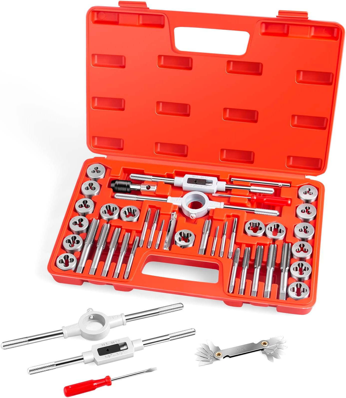 EFFICERE 40-Piece Premium Tap and Die Set, SAE Unified Screw Thread, Size #4 to 1/2” | Include UNC Coarse, UNF Fine and NPT Threads | Essential Threading Tool Kit with Complete Handles and Accessories