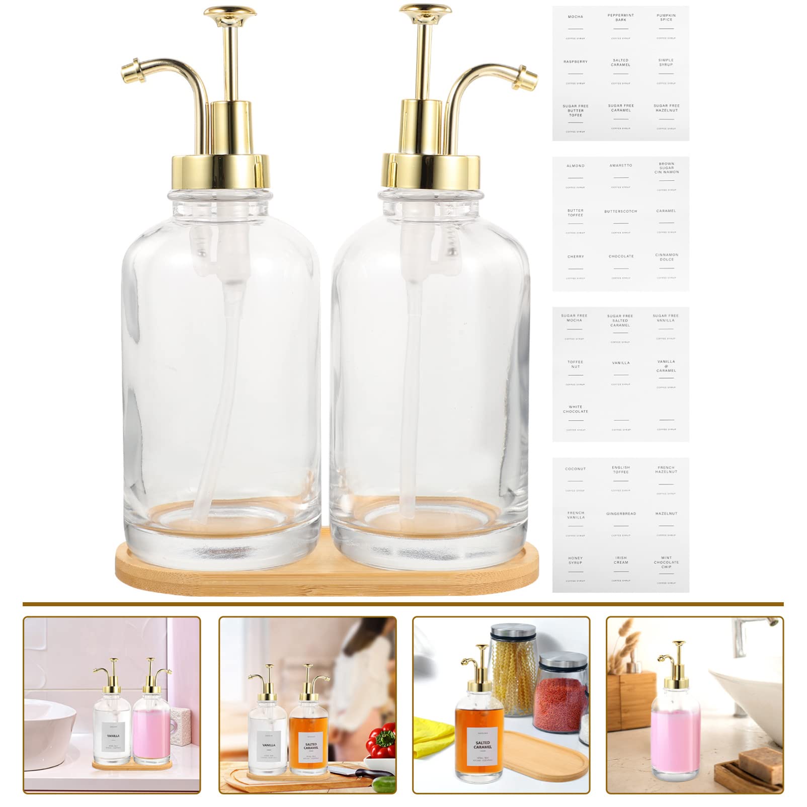 Homoyoyo Botellas de Jarabe de Café de Vidrio 200 Ml Bomba Dorada y Diseño Transparente, Dispensador de Jarabe Multiusos para Cafetería y Cocina, Set de 2 Unidades Soporte y Pegatinas