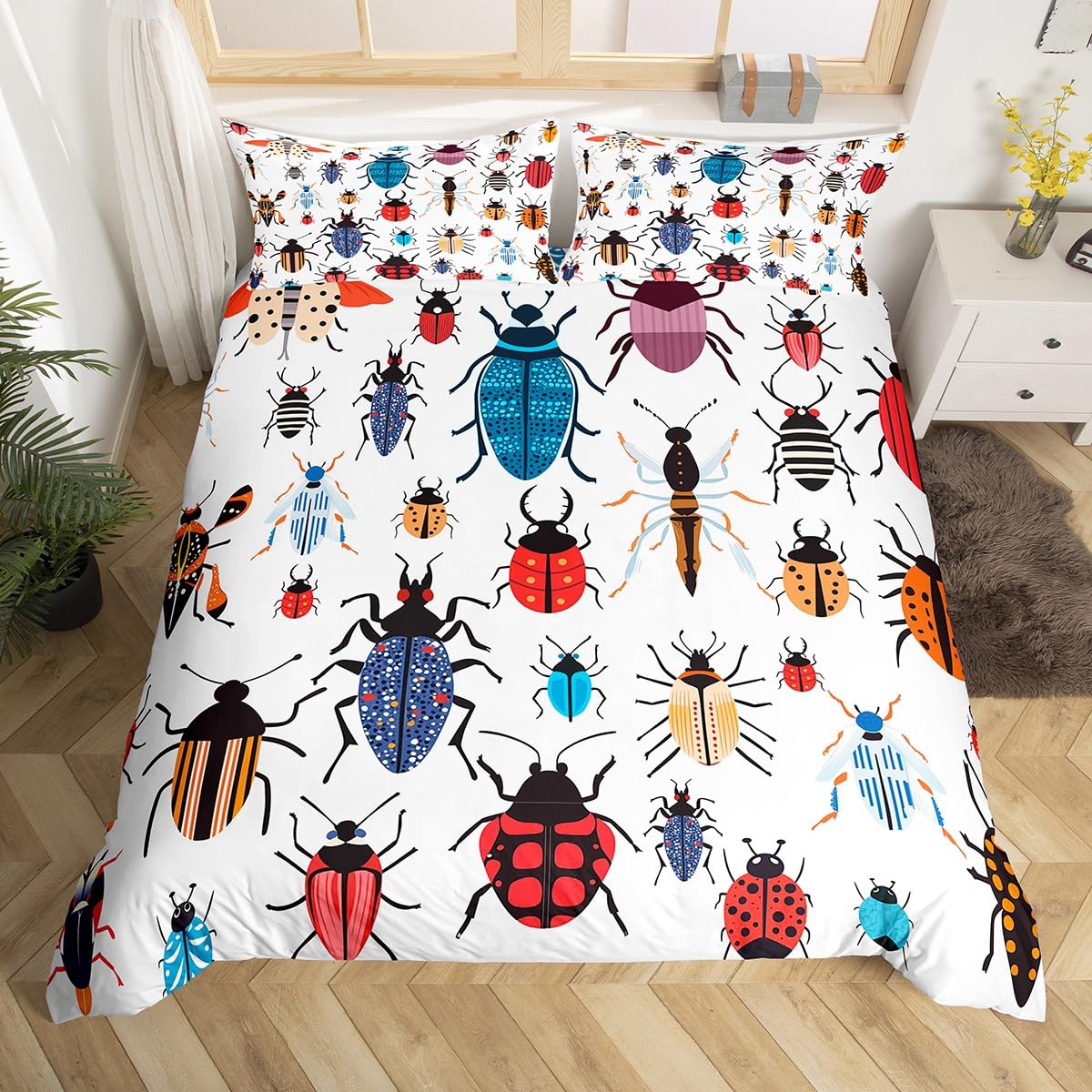 Beetles Bedding Set Queen,Colorful Beetles Comforter Cover for Boys Girls,Kids Cute Modern Bugs Duvet Cover Set Chic Nature Art Bedspread Cover