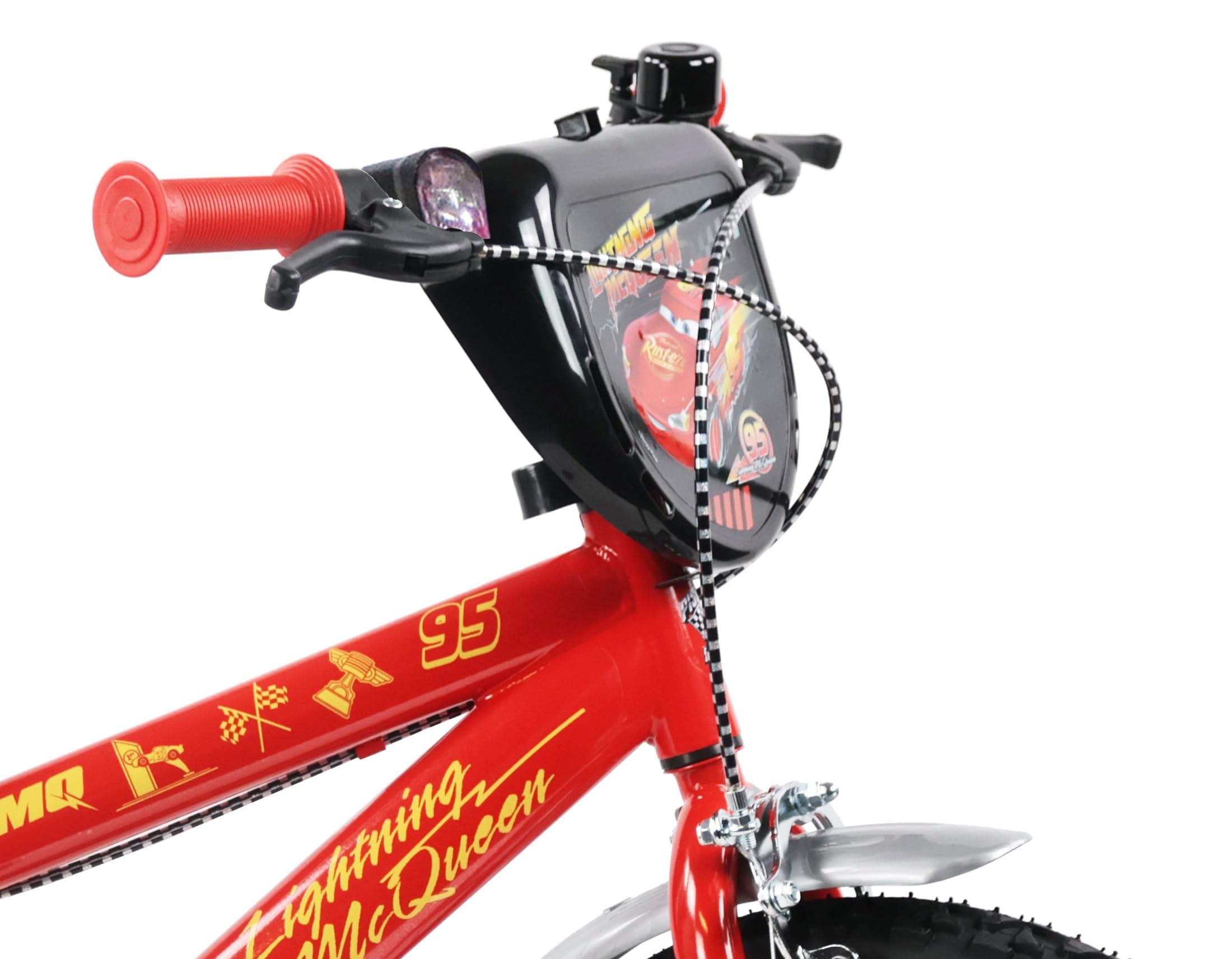 Vélo 16'' garçon Cars de Disney équipé de 2 Freins, Plaque Avant décorative, bidon arrière et stabilisateurs.