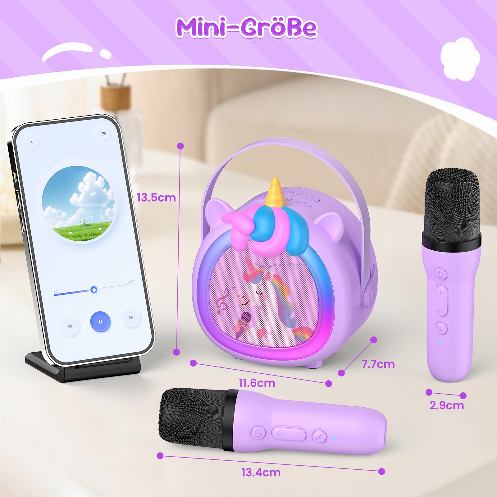 Fippesax Kinder Karaoke Maschine mit 2 kabellosen Bluetooth Mikrofonen, Kompaktes Einhorn Musikspielzeug mit Stimmeffekten & LED Lichtern, Geschenk für Mädchen ab 6 Jahren (Lila)