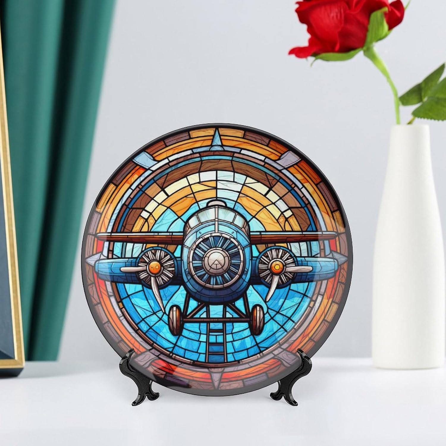 Decorative Plates for Home Decor, Stained Glass Design Watercolor Airplane Decor Tray for Table Display, Ceramic Dinner Plate W/ Stand, Living Dining Room Decor, Gifts for Airplane Lover, 8 Inch