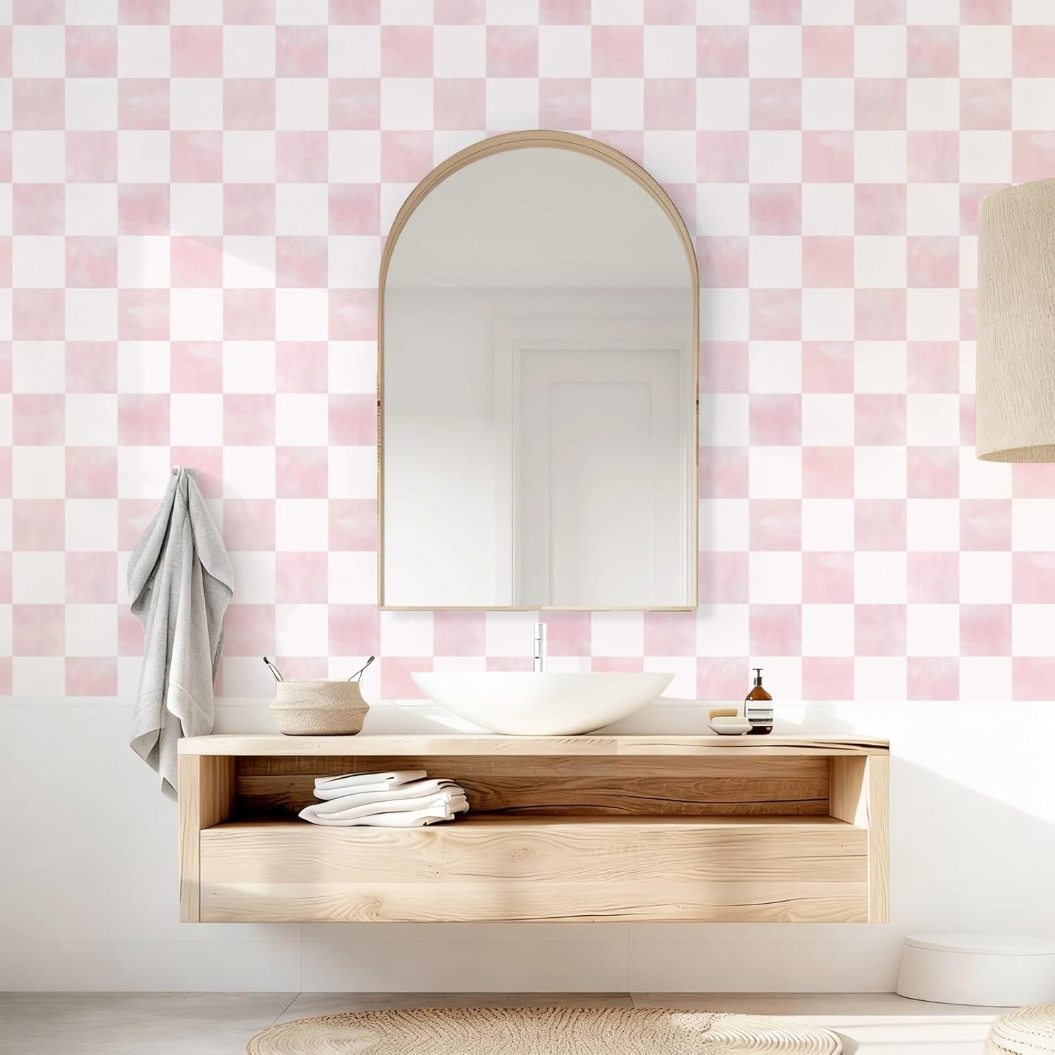 Ismoon Modern Peel and Stick Wallpaper Pink Mosaic Checkered Contact Paper Removale Self-Adhesive Stick on Wallpaper for Bedroom Bathroom Shlef Cabinet Décor 17.3in x 32.8ft
