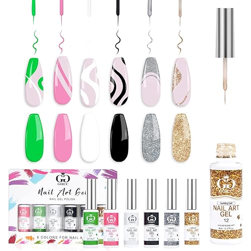 Juego de esmaltes de uñas para arte de uñas, kit de arte de uñas para diseño de uñas, 6 colores, negro, blanco, rojo, purpurina, plateado, esmalte