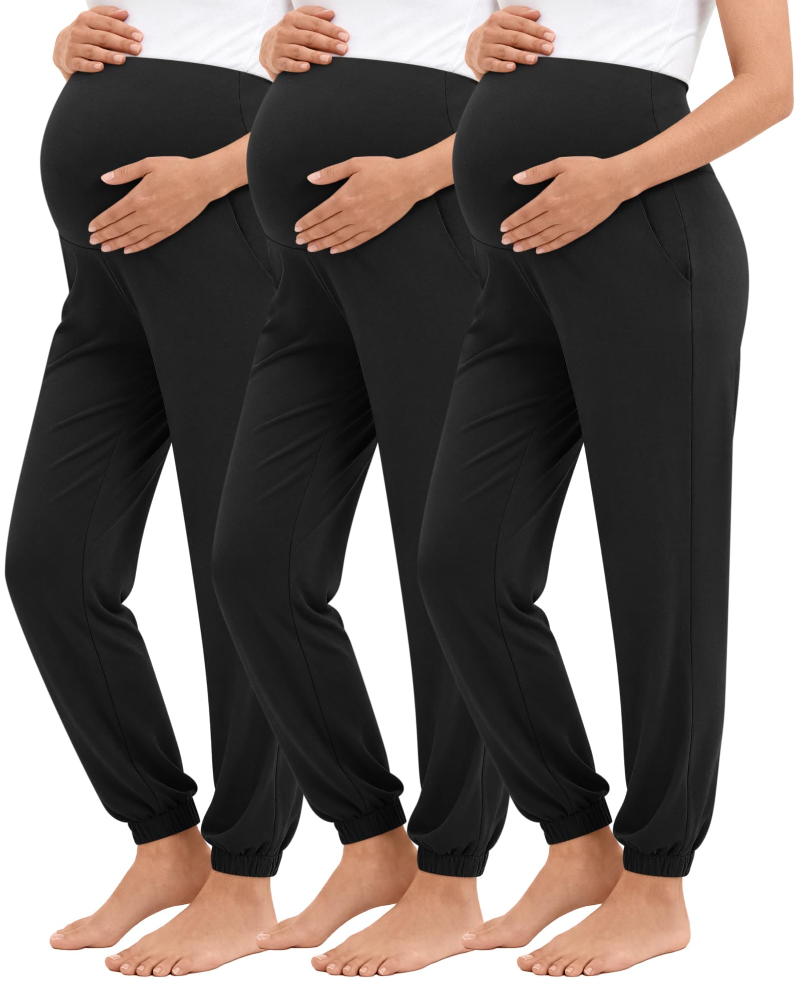 Neer Confezione da 3 pantaloni premaman da donna sopra la pancia, elasticizzati, pantaloni casual da salotto con tasche