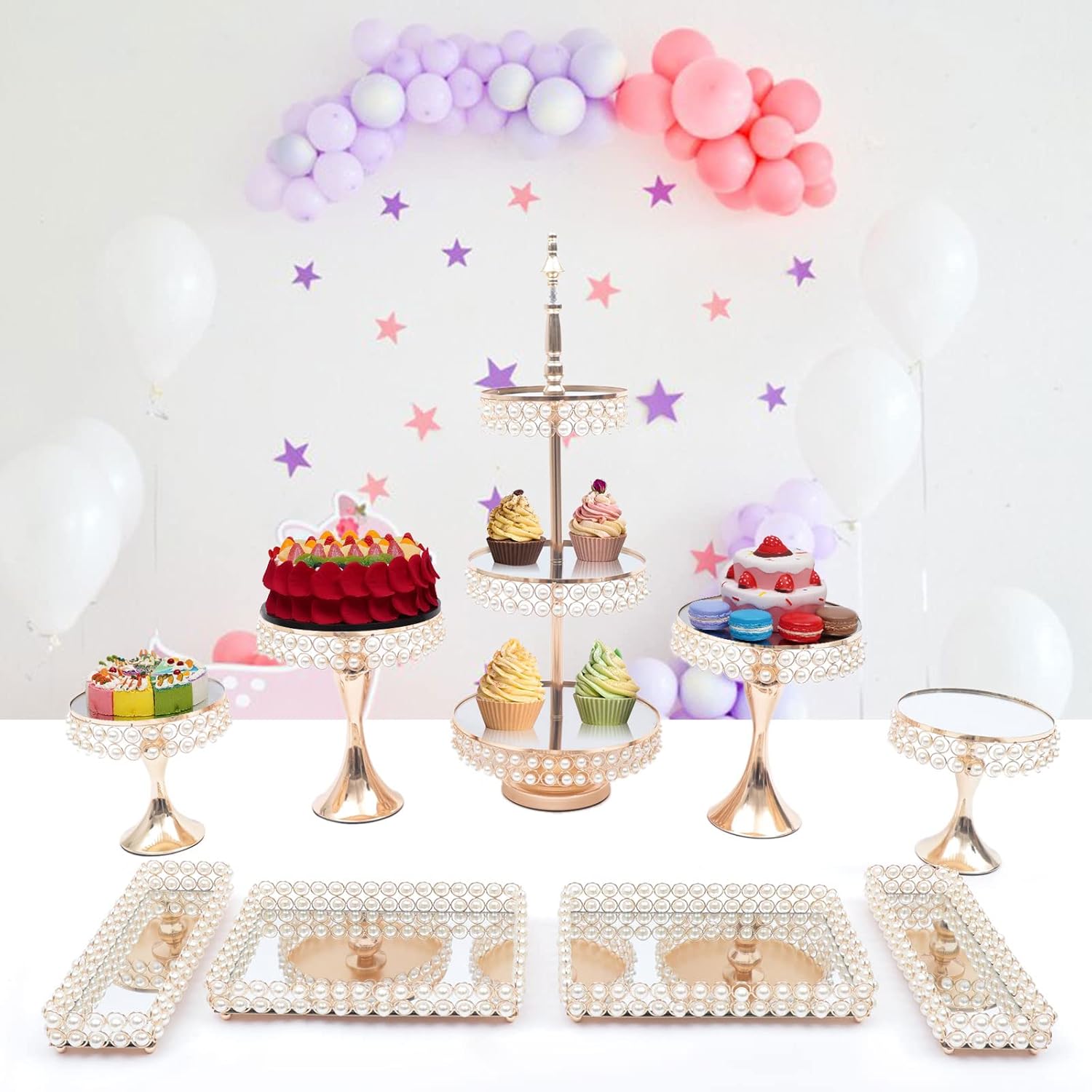 9PCS Wedding Cake Stands Set, Rectangular and Round Glass Cupcake Stands, Gold Crystal Dessert Display Holder for Cake Shops, Bakeries, Weddings (Gold-1)