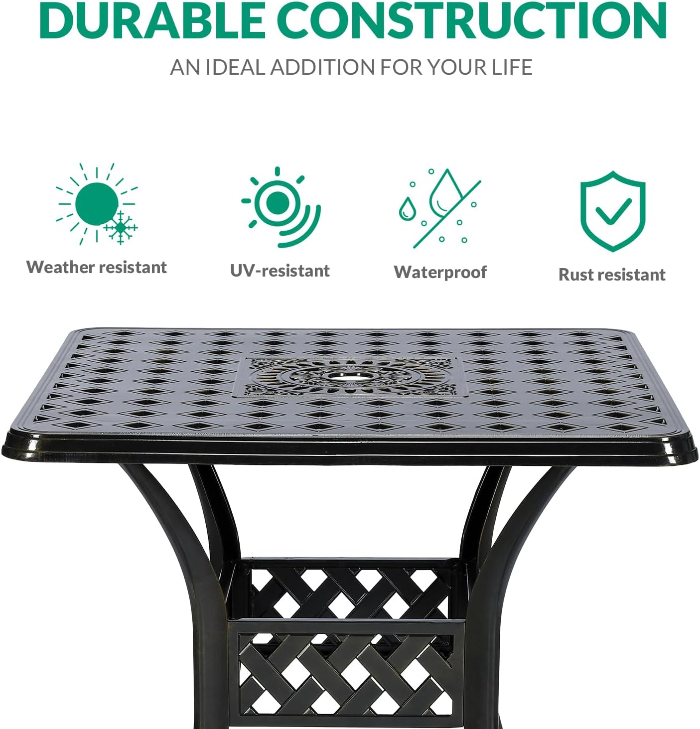 VIVIJASON 30.5" Patio Table Outdoor Dining Square Table Bronze Cast Aluminum Dining Table with Umbrella Hole