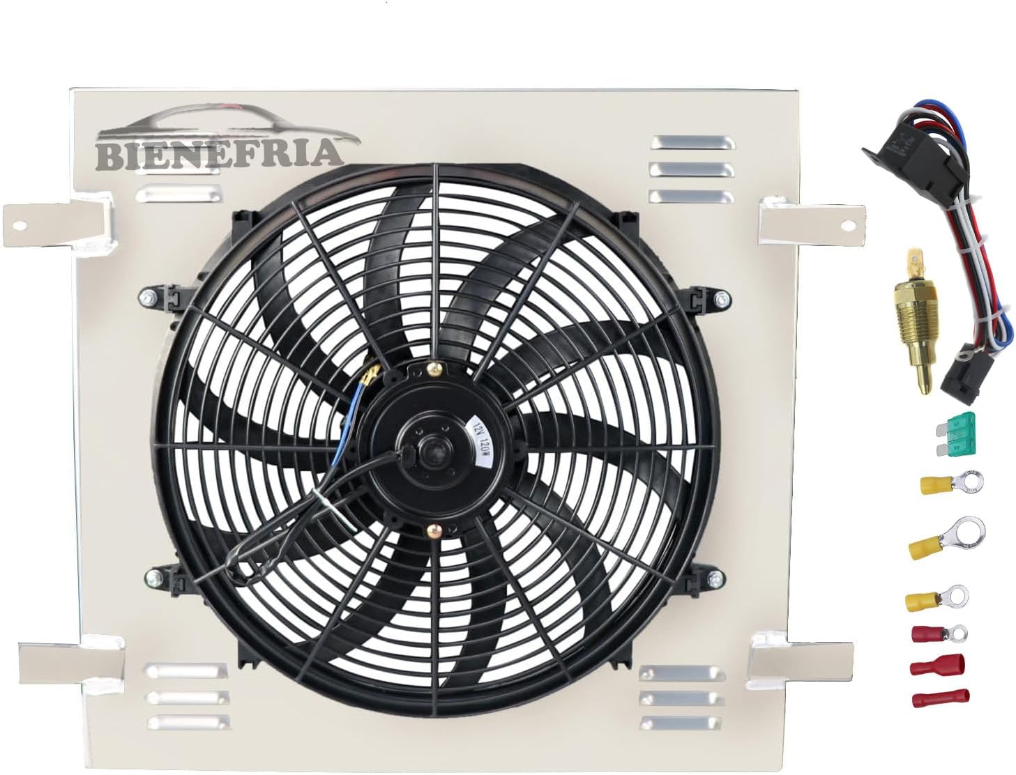 Radiator Shroud with Fan for 2007-2017 Jeep Wrangler & 2018 Jeep Wrangler JK 3.6L 3.8L V6 Sport Utility, Aluminum Shroud + Fan + Relay Kit