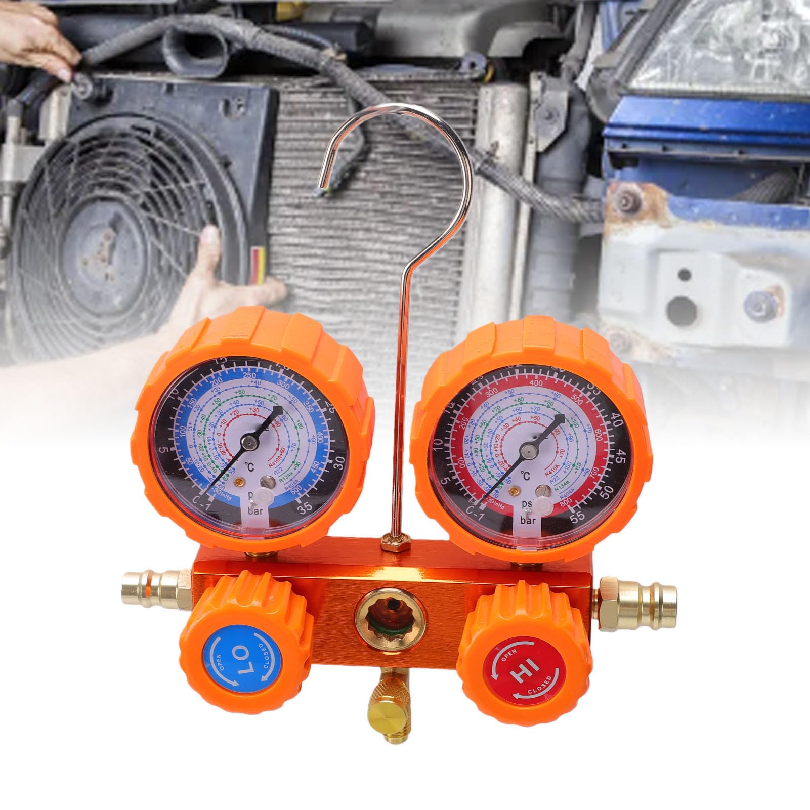 Luocute Set Manometro AC a 3 Vie, Kit di Ricarica del Refrigerante HVAC per Autoveicoli con Tubi da 5FT e Attacchi Rapidi per Refrigeranti R134a R12 R22 R502 R1234yf