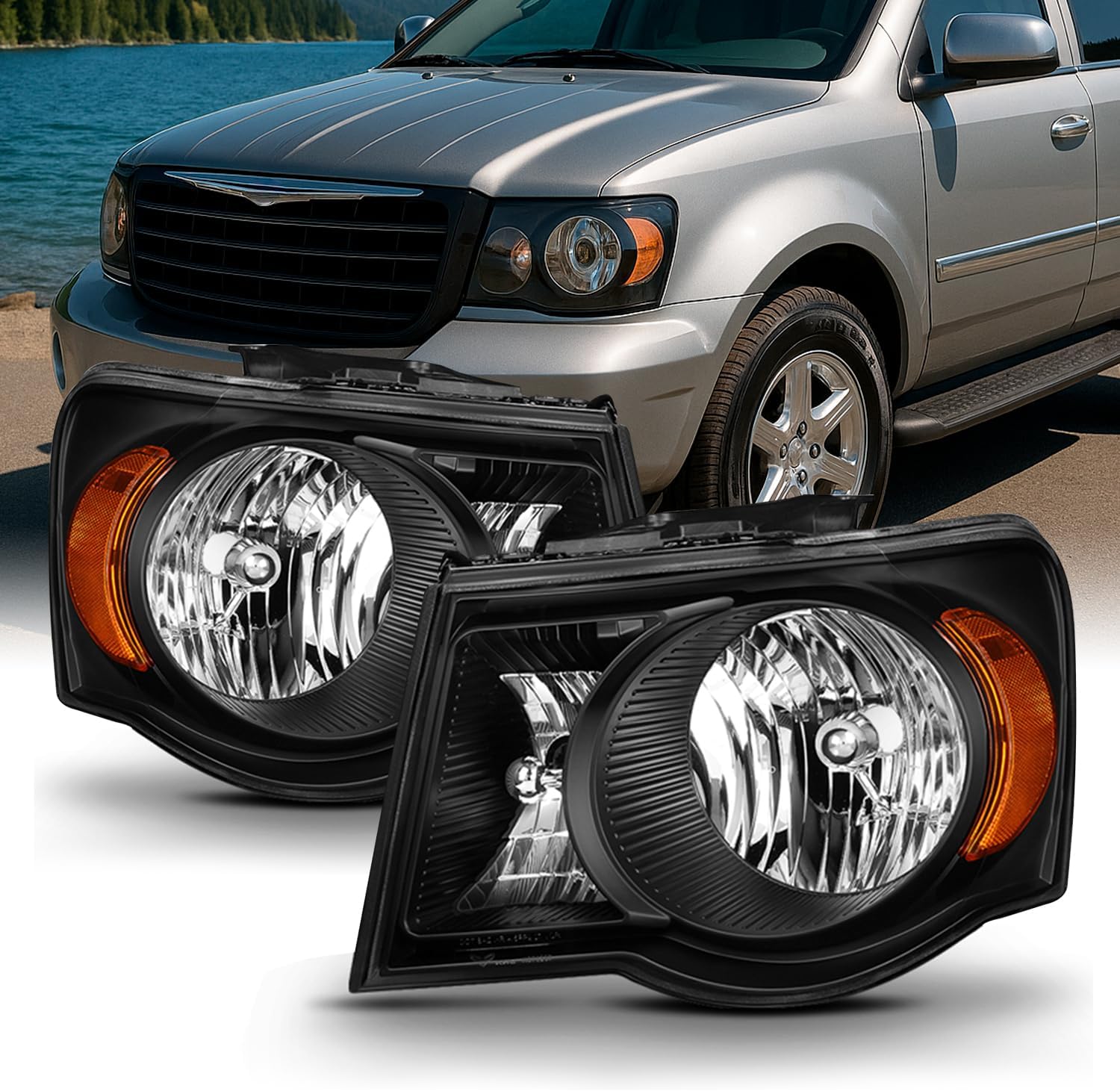 AKKON - For 2007 2008 2009 Chrysler Aspen Matte Black Headlights Headlamps LH Left & RH Right Side Pair Assembly