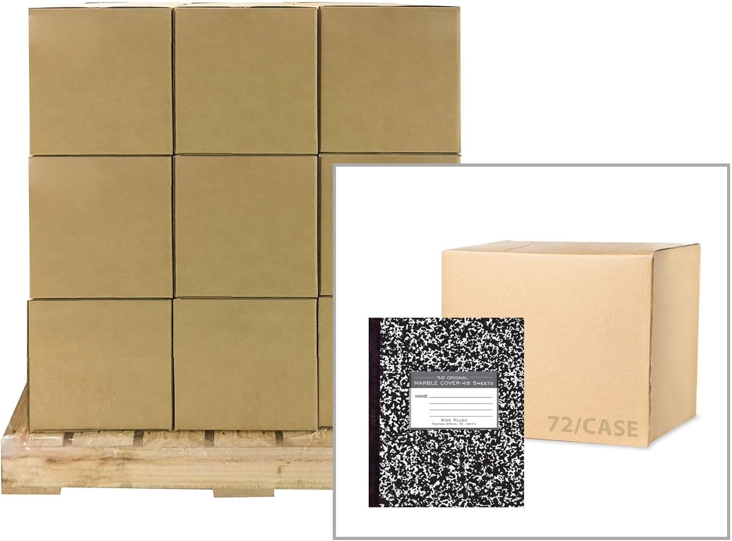 Pallet of 40 cases (5760 total) Composition Books, 48 sheets of 15# Smooth White Paper, 8.5"x7", Flexible Black Marble Cover, Wide Ruled W/Margin