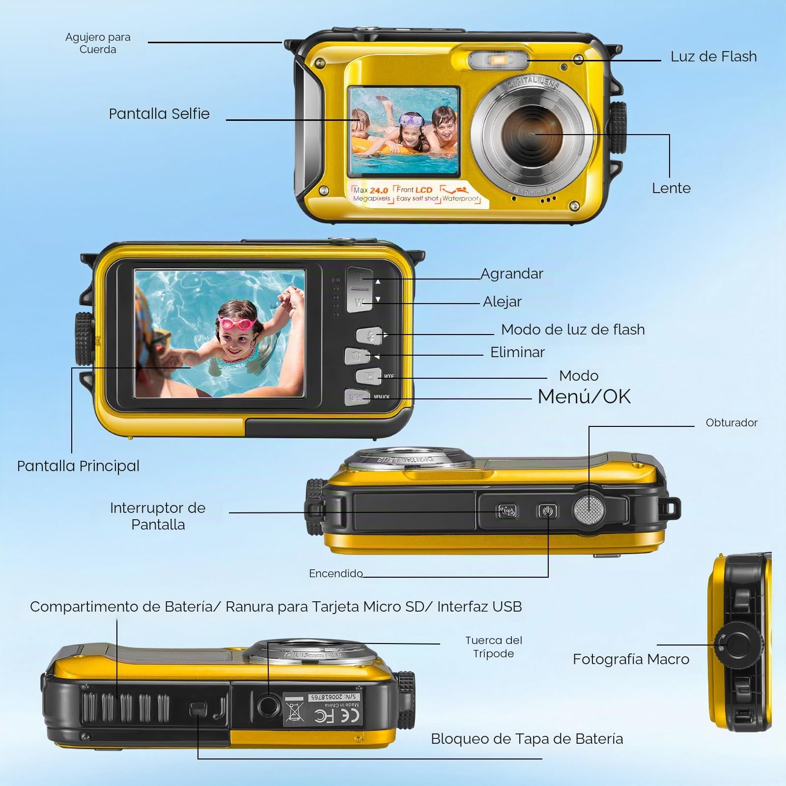Cámara submarina Full HD 2,7 K 48 MP, impermeable, cámara digital con LED anti sacudidas (amarillo)