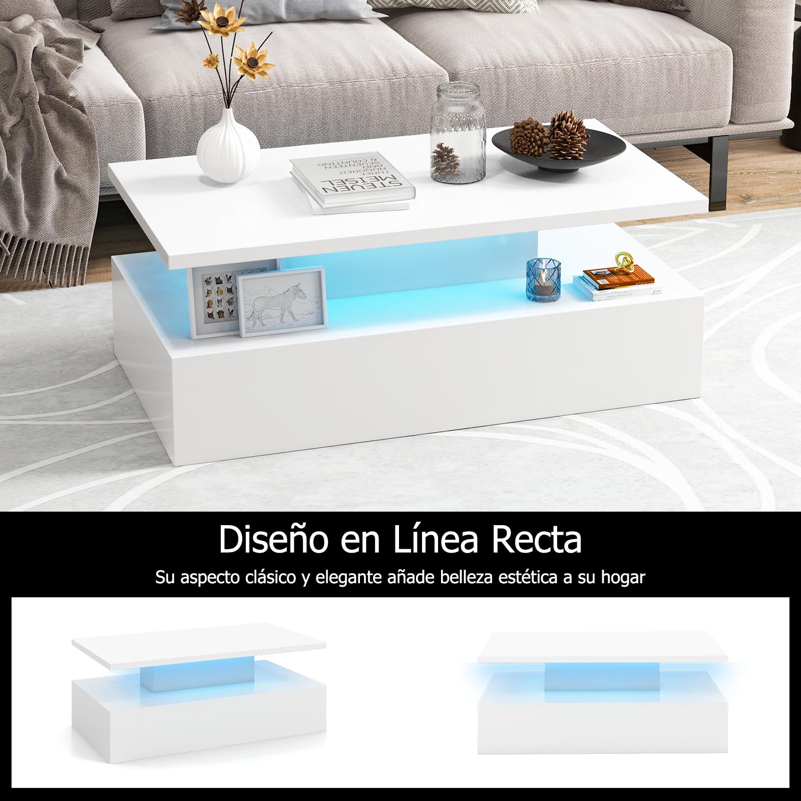 GOPLUS Mesa de Centro Con Luces LED, 2 Niveles, 19 Modos, 20 Colores, 8 Velocidades y Brillos Ajustables, Mando a Distancia, Rectangular, 110 x 60 x 40 cm (Blanco)