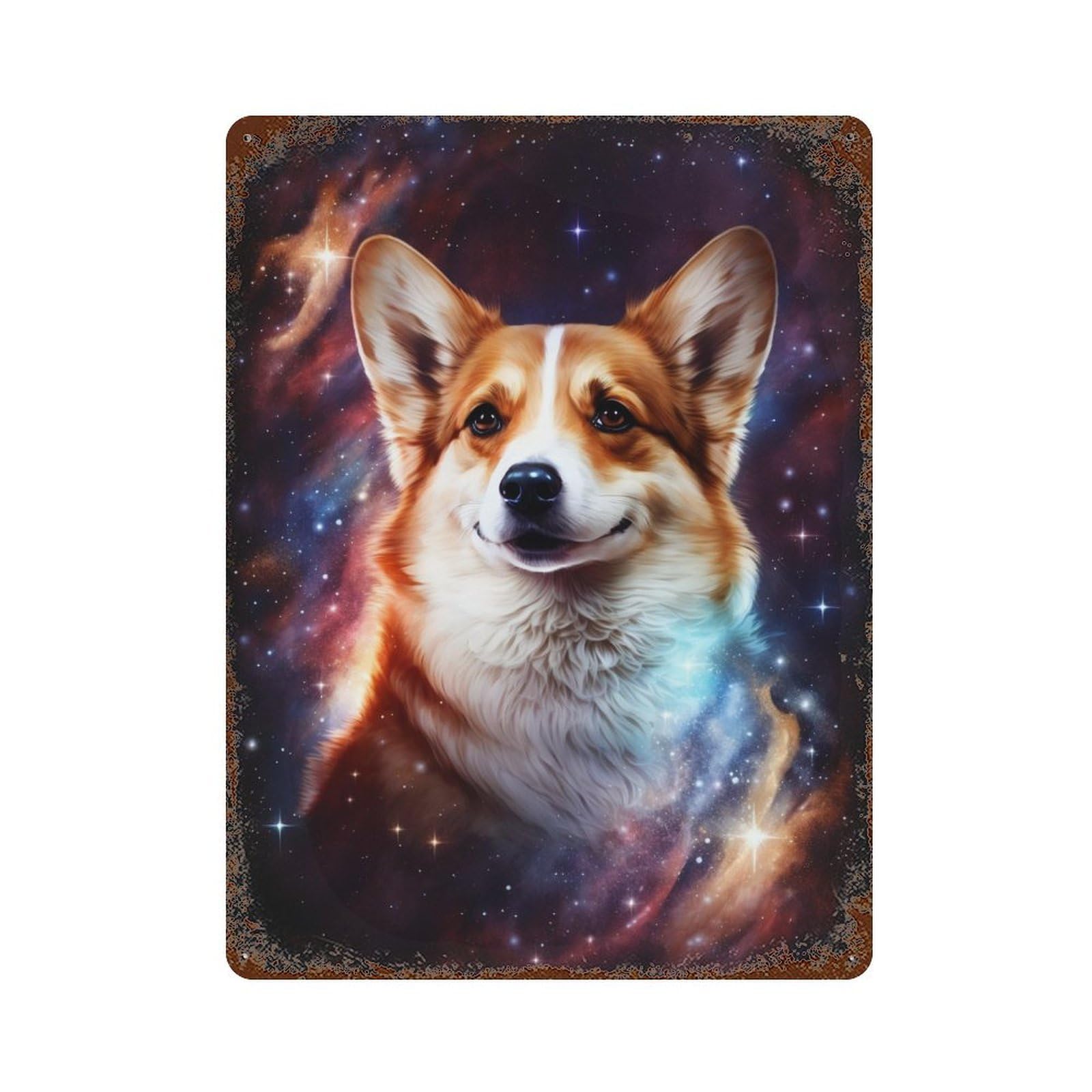 Garage Style Cosmic Corgi Portrait-27 Aged Metal Wall Plaque 15.7"x11.8", Novelty Wall Decor for Bar And Workshop