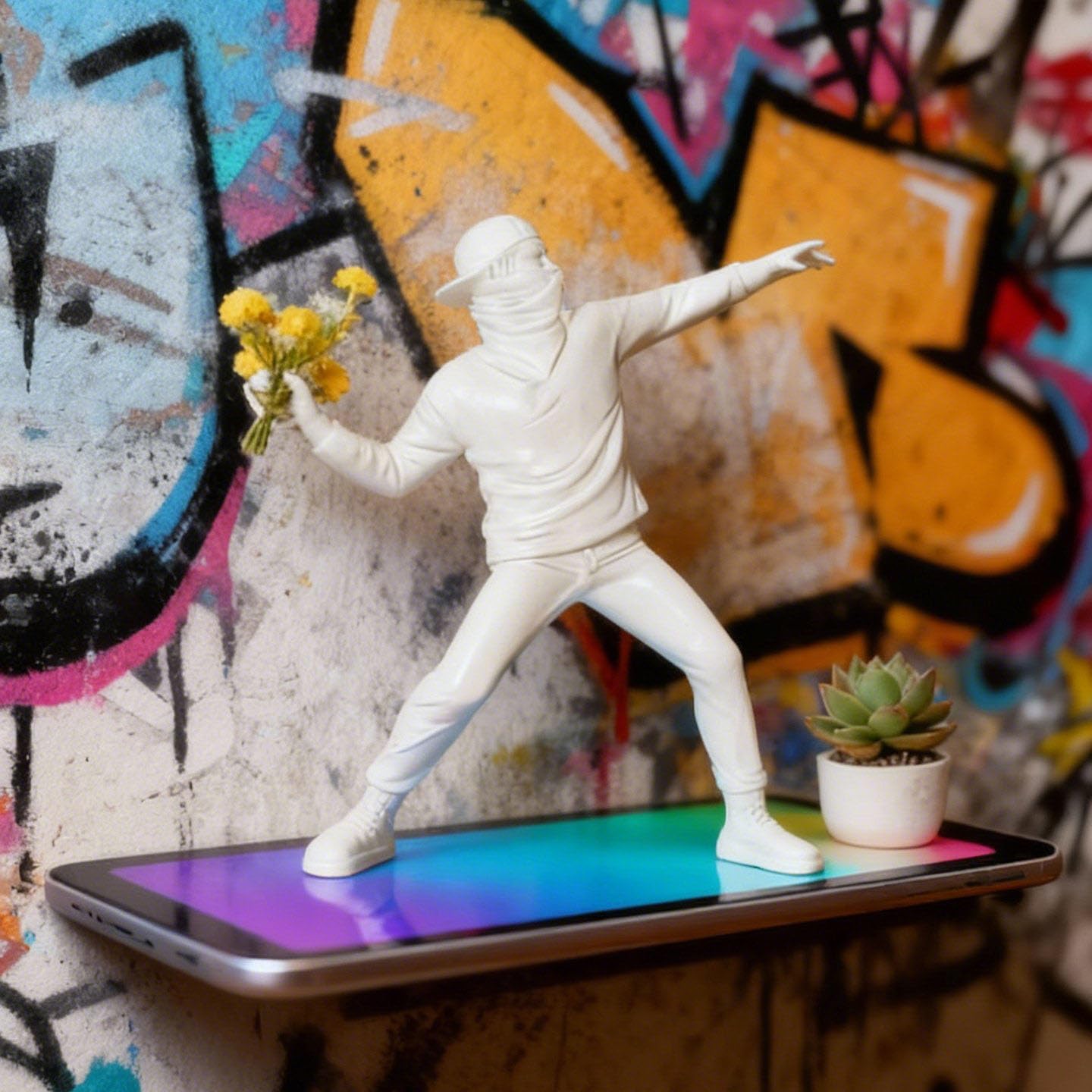 Scultura Figura Banksy,Decorazioni per Ufficio,Figura Decorative, Statuette Decorative Casa, Soggiorno Decorativo Moderno da Appoggiare, Scultura Astratta in Poliresina, Idea Regalo(Bianco)