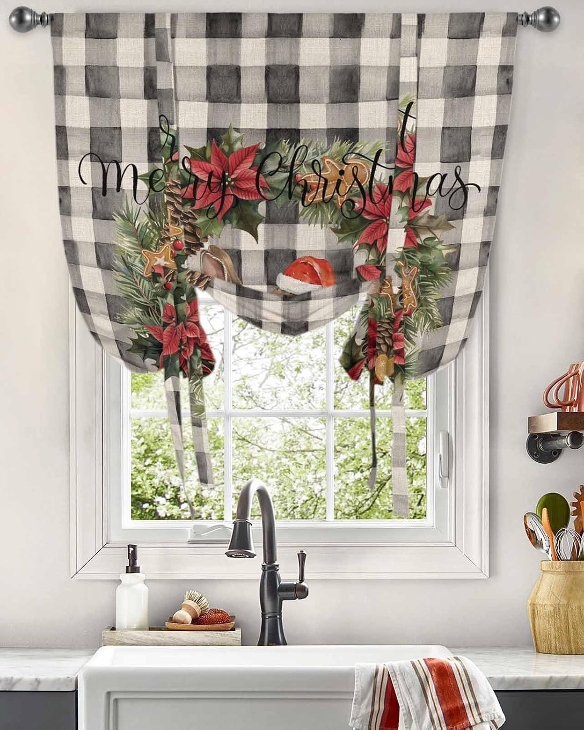 Merry Christmas Garland Tie Up Curtain for Window Blackout Balloon Valance Curtain for Bathroom Winter Xmas Bunny Black Checkered Adjustable Window Shade for Kitchen Living Room Bedroom 52"Wx63"L