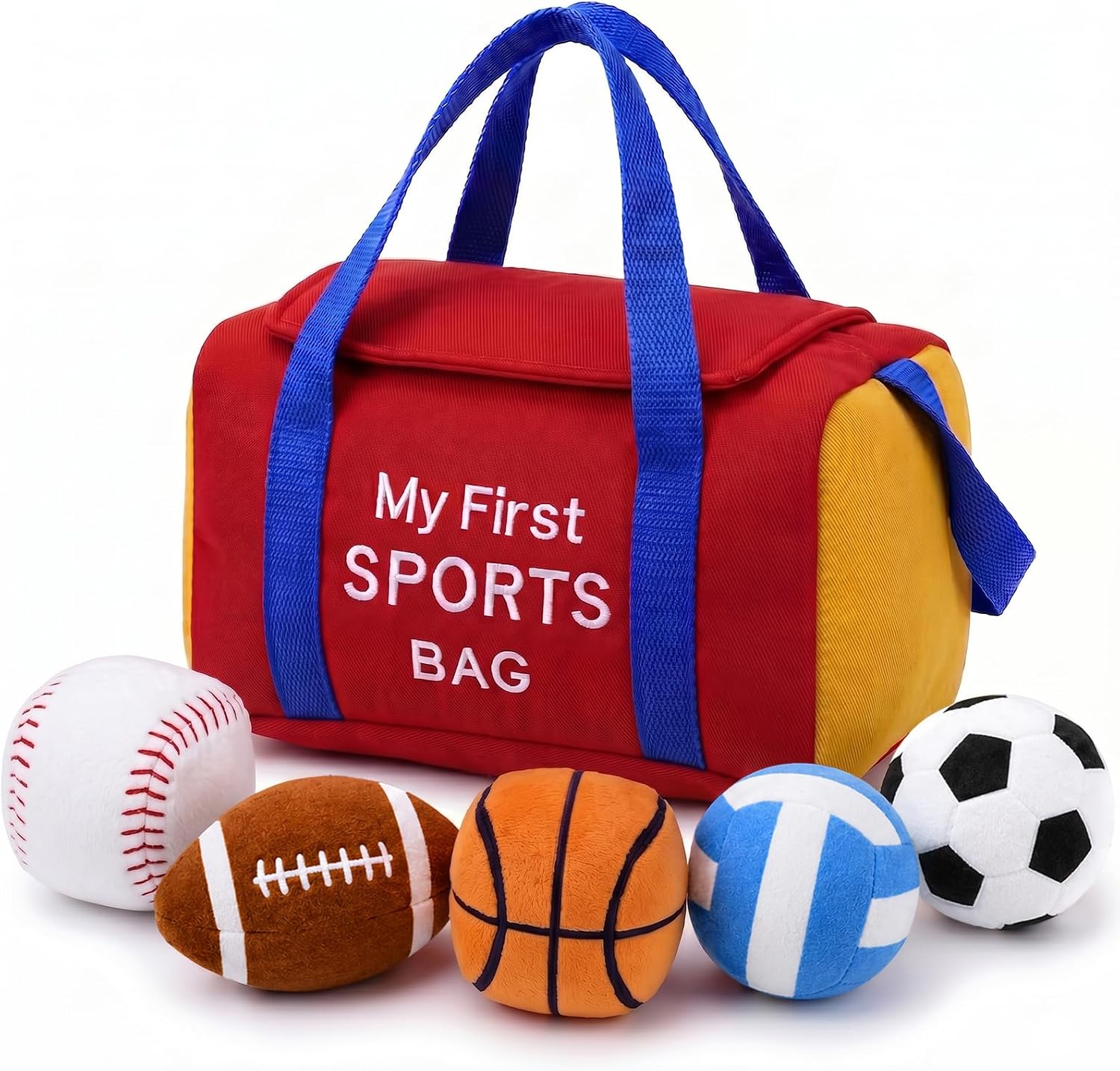 My First Sports Bag Plush, Baby Sports Toys Plushie with 5 Pcs Ball Plushy for Toddlers, First Birthday Gifts for Boys Girls