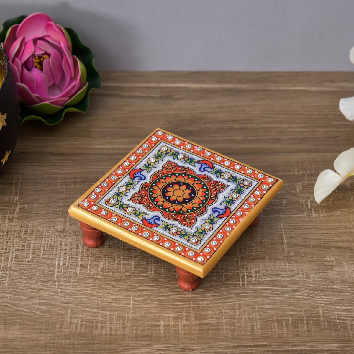 Designer Marble Pooja Chowki - Peacock & Flower Decor -2
