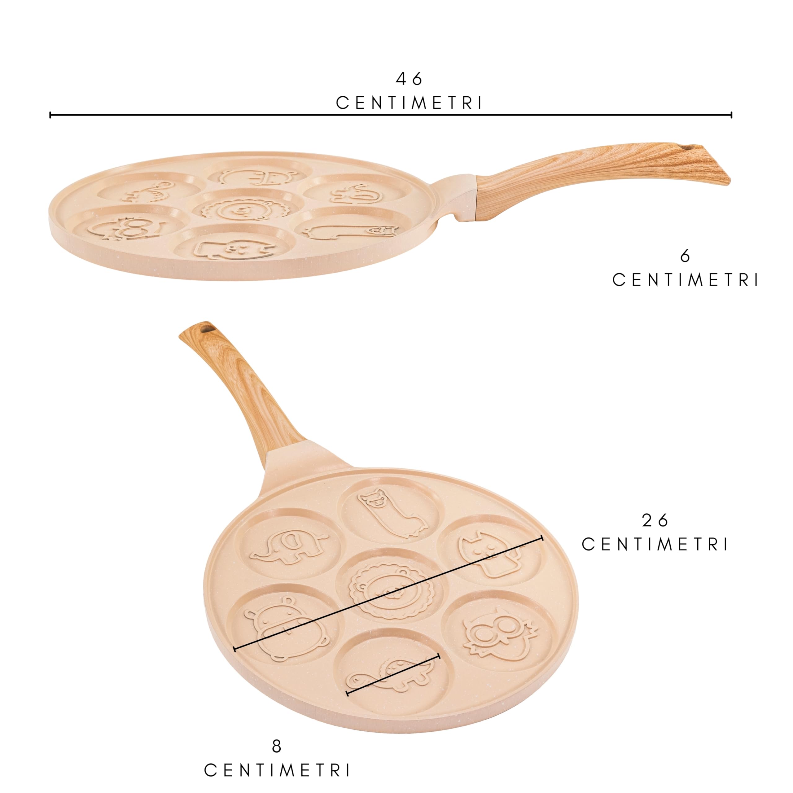 Erreke Padella per Pancake, Crepiera, Tutti i Piani Cottura e Induzione, Doppio Rivestimento Antiaderente, Design Animaletti, Manico Soft-Touch, 7 Pancake o Crepe, 26 cm Colore Beige