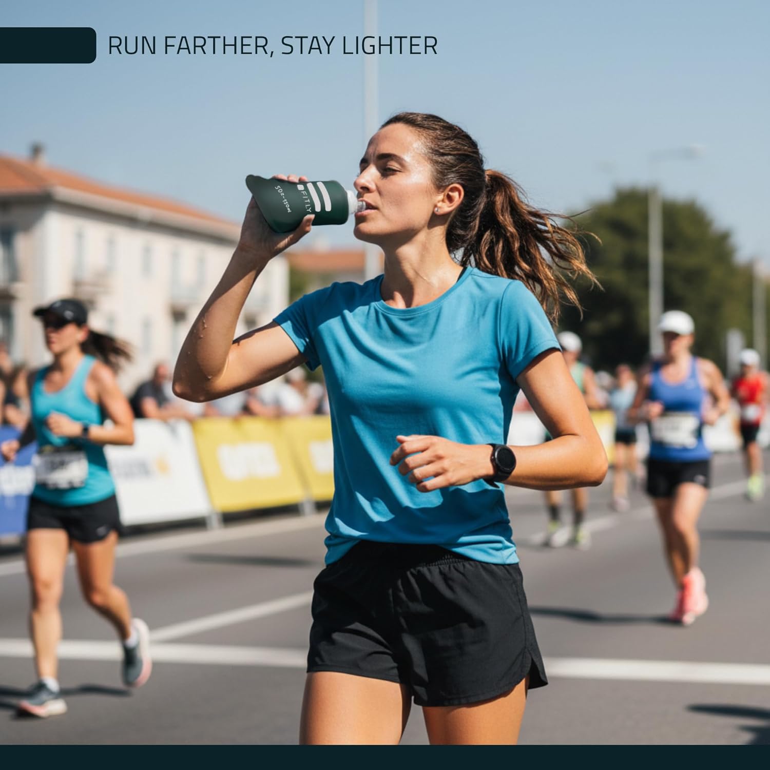 FITLY Soft Flask - Shrink As You Drink Soft Water Bottle for Hydration Pack - Folding Water Bottle Ideal for Running, Hiking, Cycling, Climbing & Rigorous Activity- 5 oz Petrol Blue - Image 6