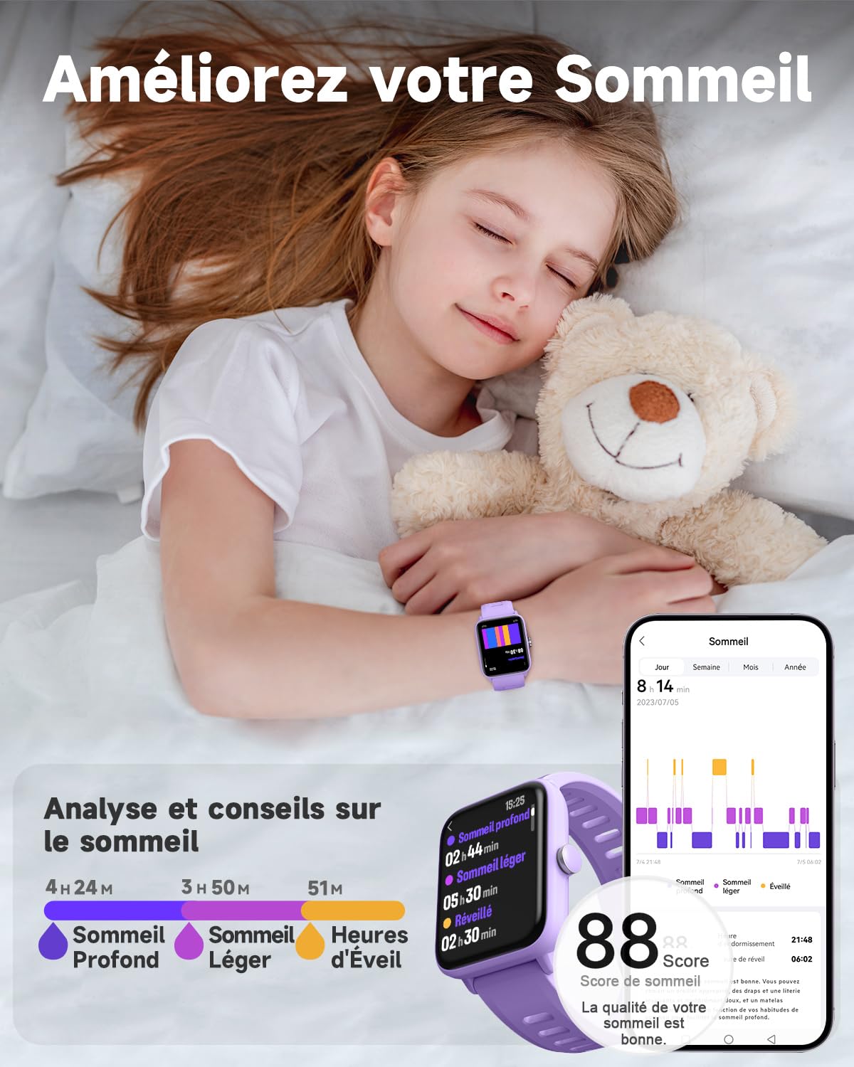 BIGGERFIVE Fitness Tracker Enfant, Montre Connectée Digitale Tactile Podomètre, Cardiofrequencemètre, Étanche 5 ATM, Moniteur de Sommeil, Réveil, Jeux de Puzzle pour Fille Âgés 3-14