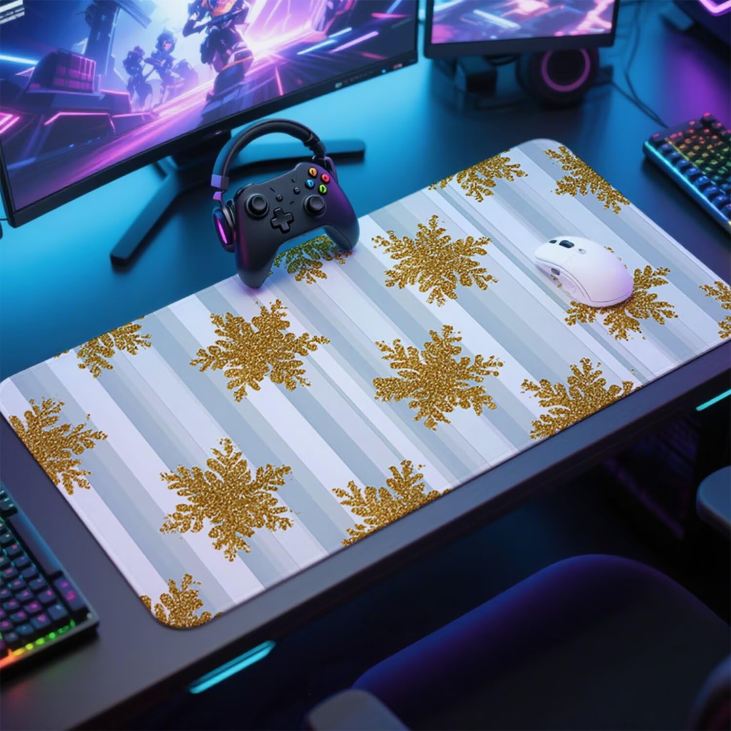 Niebieska podkładka pod mysz pod mysz pod mysz do gier XXL 1400 x 600 x 3 mm podkładka pod mysz gumowa płatek śniegu duża podkładka pod rękę dla graczy akcesoria PC antypoślizgowe i wodoodporne, do