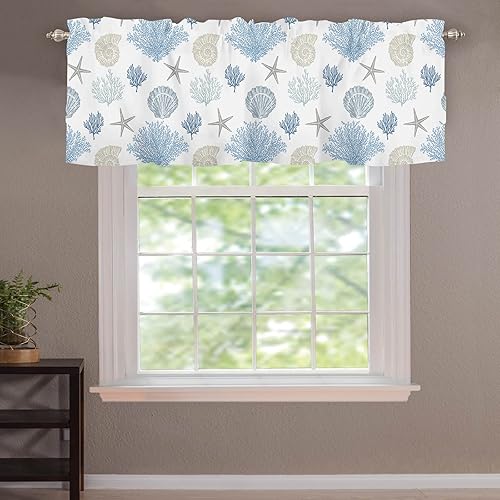 Miniatura 6 de Cenefas de Cortinas de Cocina de Verano Costeras de Coral con Estrellas de Mar para Ventanas, Cenefa de Ventana Náutica de Playa Azul Gris, Cortina
