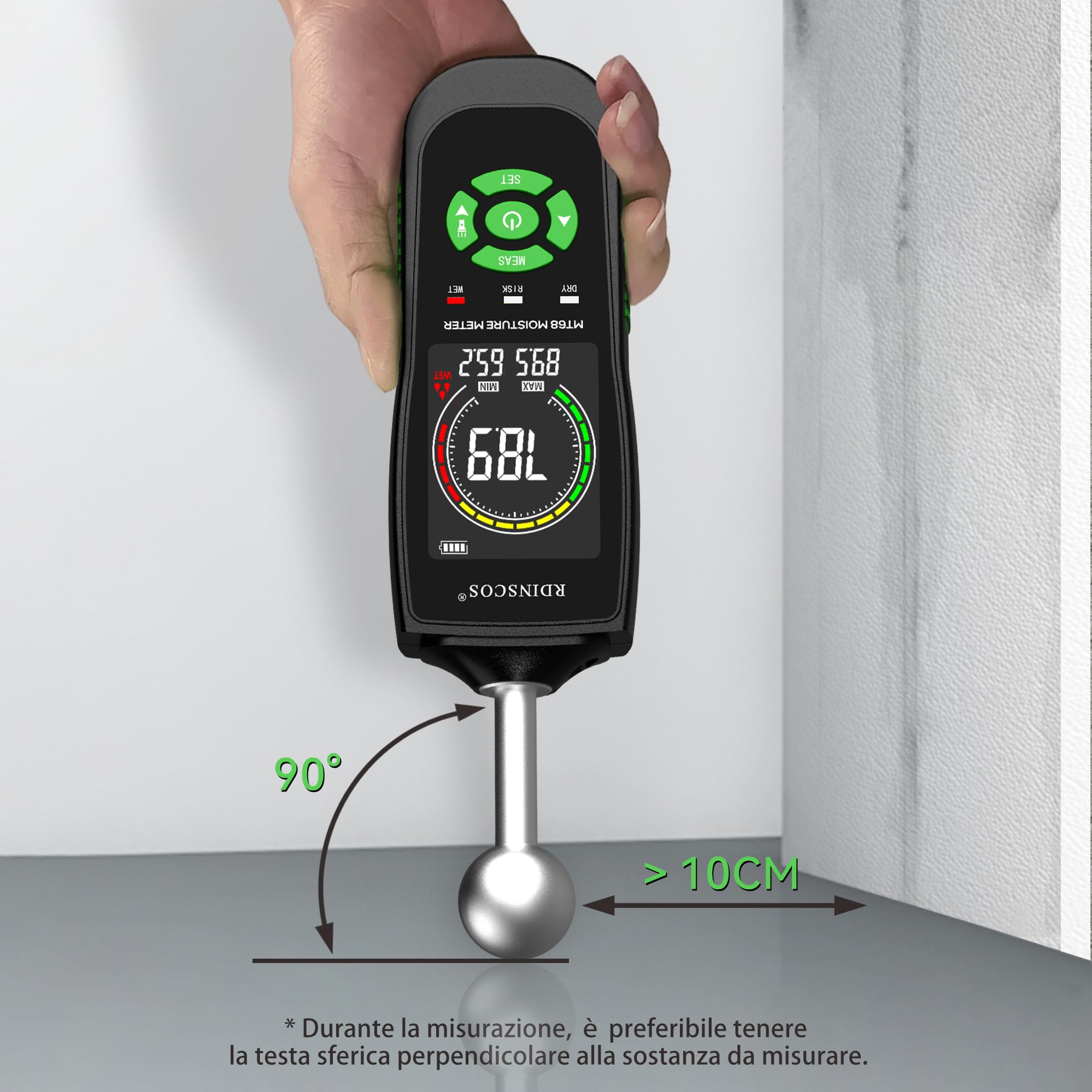 Misuratore Umidità Muri, RDINSCOS Rilevatori Di Umidità Igrometro Professionale Senza Ago con Funzione di Allarme Analisi Della Profondità di 5-40 mm,per Parete, Legno,Intonaco,Muratura (MT68)
