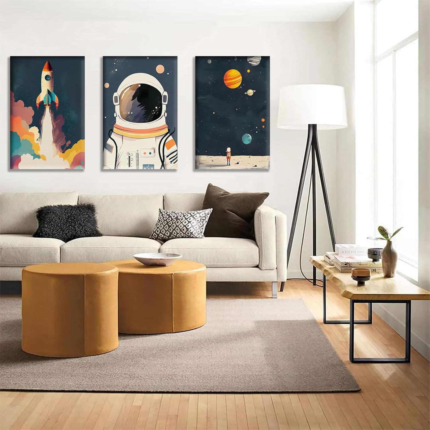3Pcs Astronaut Wall art Nursery Space Adventure Posters Prints Rocketship Wall Decor Explore Dream Galaxy Canvas Prints Funny Planet Painting for Boys Girls Kids Bedroom Living Framed