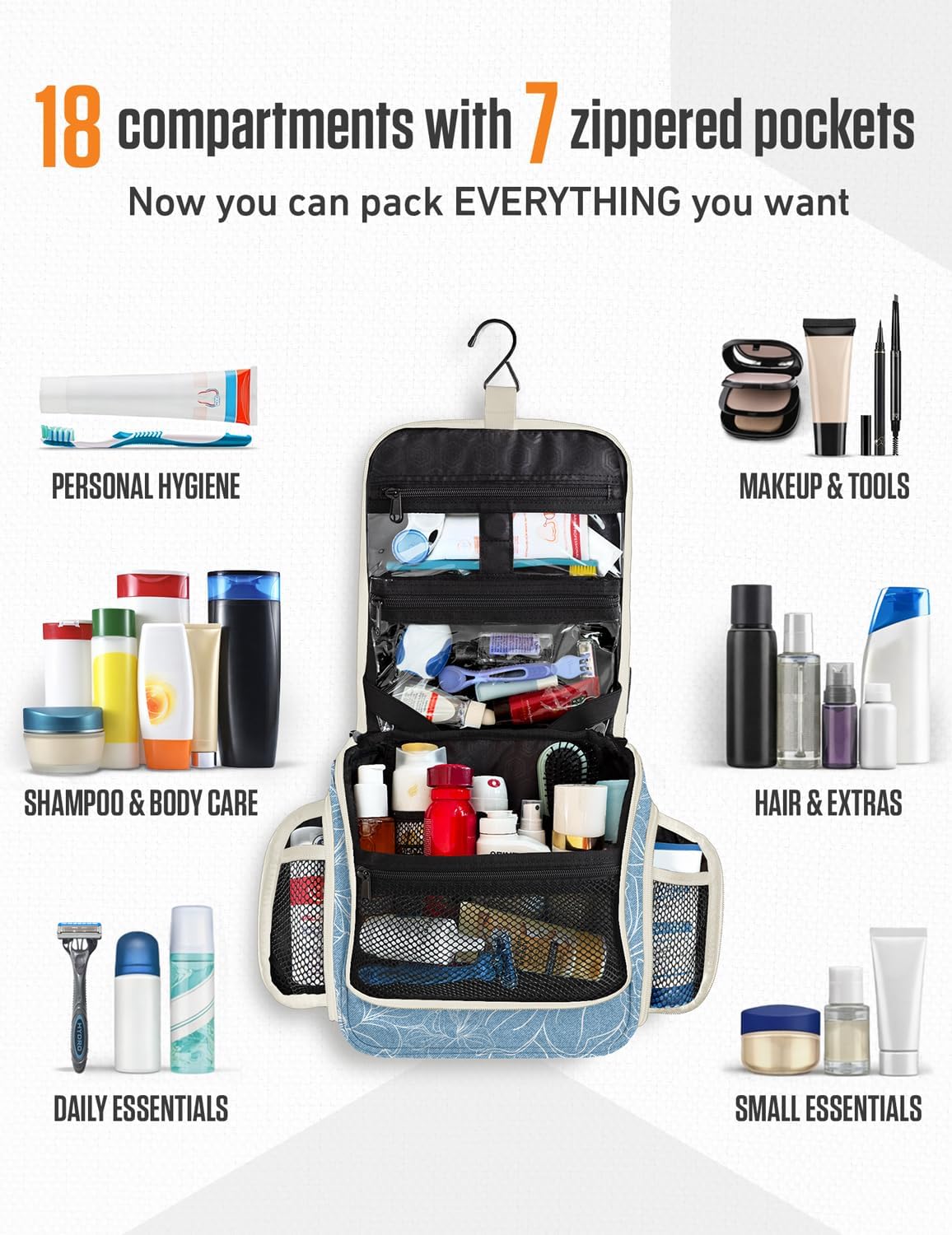 VENTURE 4TH Hanging Travel Toiletry Bag, 17 Compartments - Blue Flowers image 3