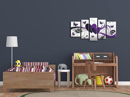 Miniatura 3 de Wieco Art - Juego de 5 cuadros modernos 100 % pintados a mano estirados y enmarcados abstractos y románticos, de temática de mariposas y amor y de