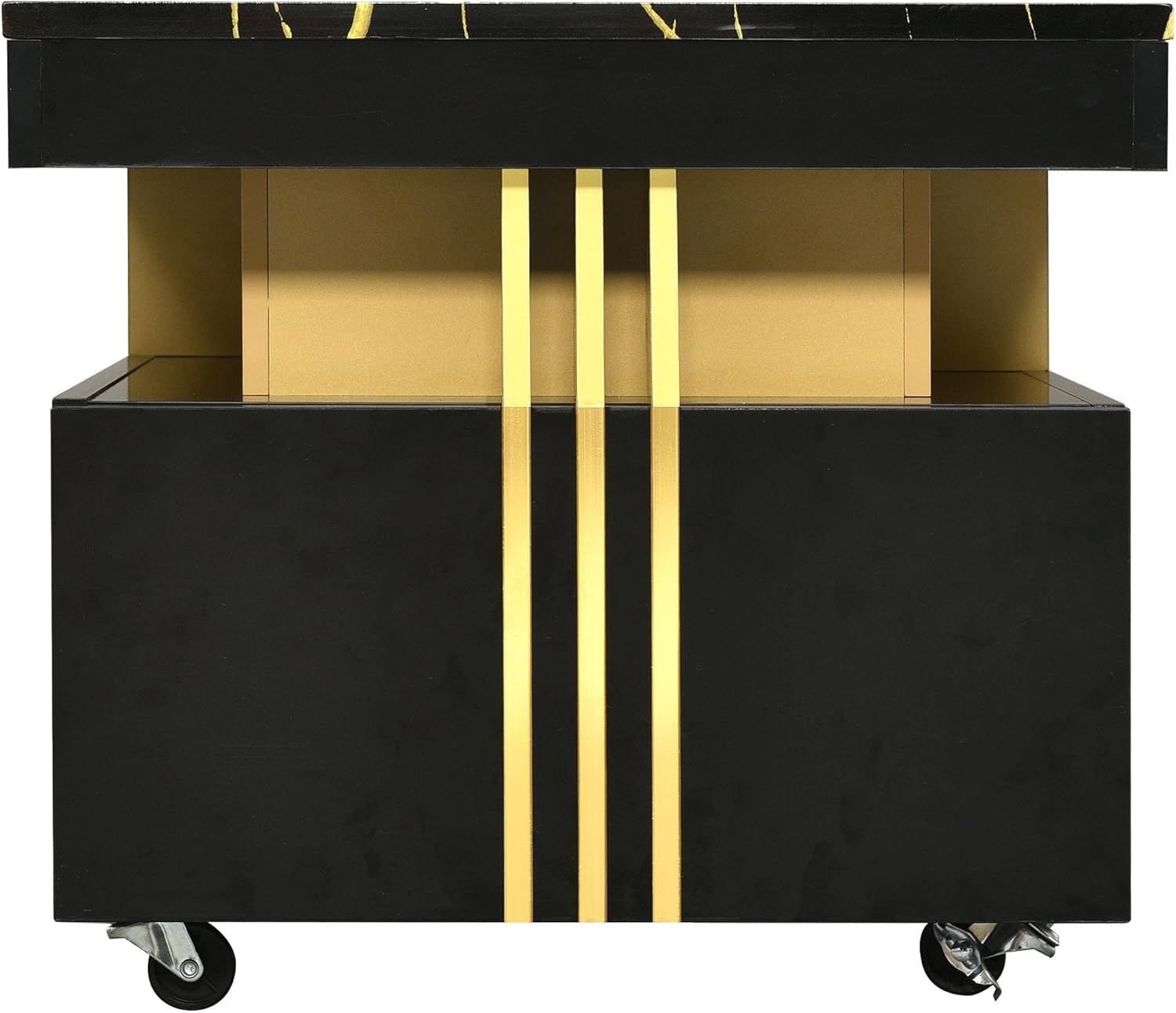 Harper & Bright Designs Contemporary Coffee Table with Faux Marble Top, Rectangle Cocktail Table with Caster Wheels, Moderate Luxury Center Table with Gold Metal Bars for Living Room, Black