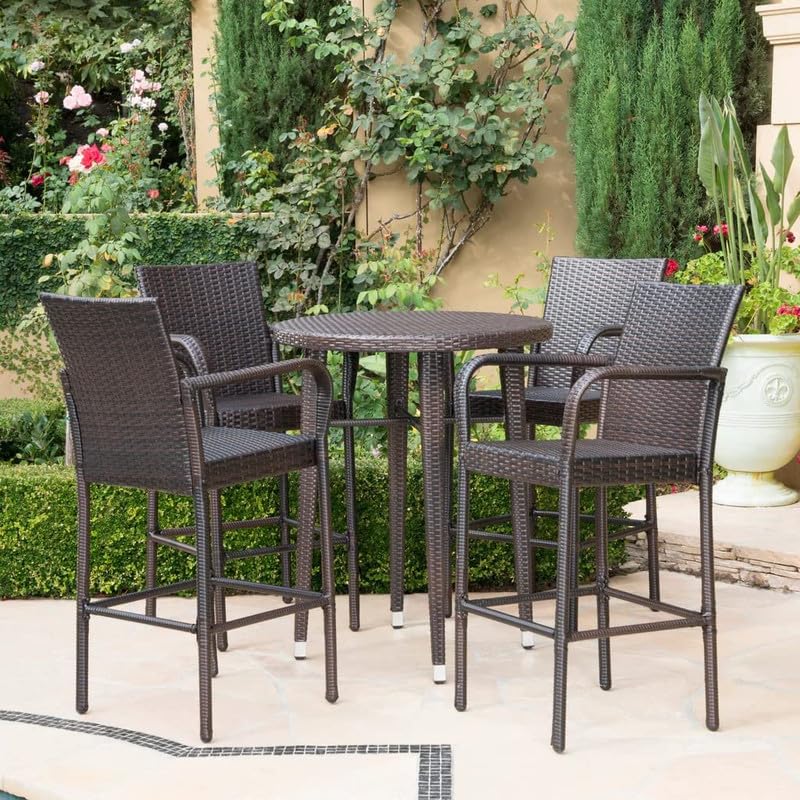 Image of OUTLIVING Patio Counter Height Rattan Wicker Bar Set with Round Table and 4 Bar Stools | Multipurpose 4 Seater Outdoor Furniture for Backyard, Garden, Balcony, Poolside, Porch, and Courtyard (Brown)