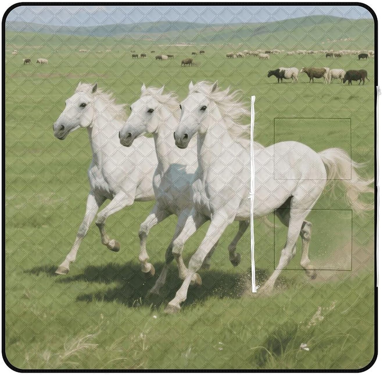 Prancing White Horse Picnic Blanket 150x150cm, Foldable 2-in-1 Picnic Mat and Tote Bag Portable Waterproof Beach Mat Sandproof Outdoor Blanket for Park, Hiking, Beach, Camping, Travel