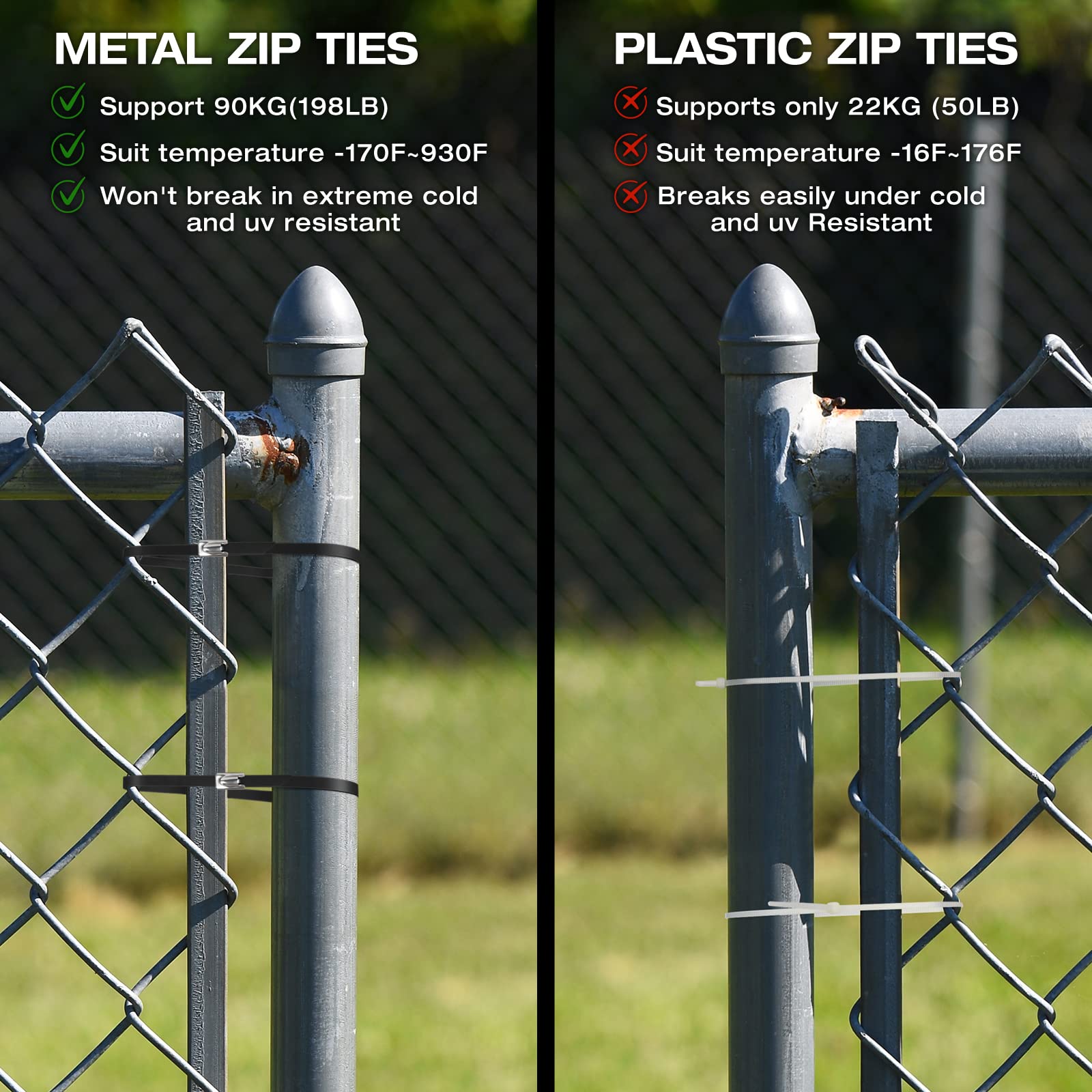 Bridas de metal resistentes para automóviles, 40 bridas de acero inoxidable negras de 19.8 pulgadas, bridas de alambre autobloqueantes multiusos, adecuadas para vallas, exteriores y toldos
