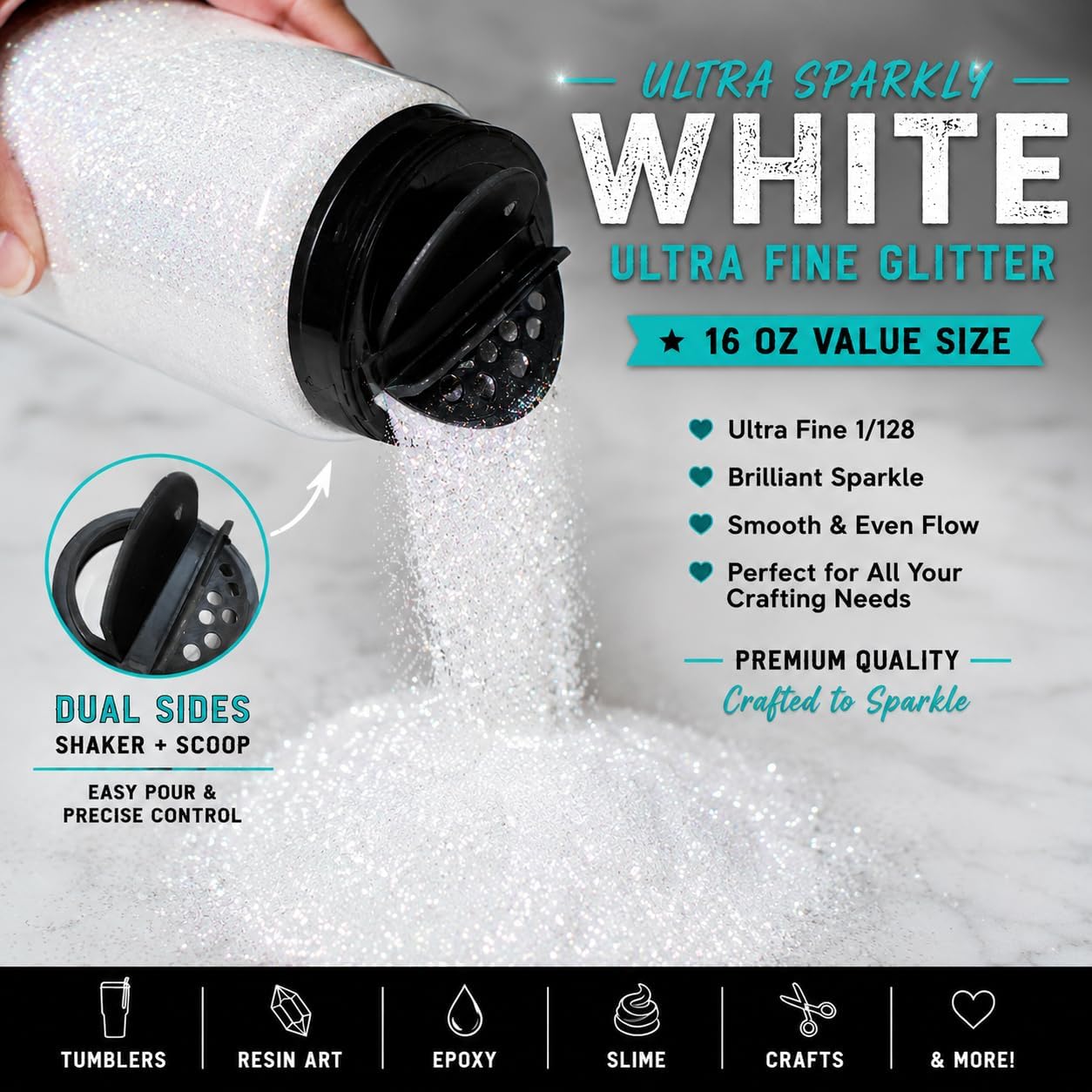 White Fine Glitter |16 OZ Glitter Powder for Tumblers | Resin | Crafts | Slime | Cosmetics | Nails | Painting | DIY Decoration