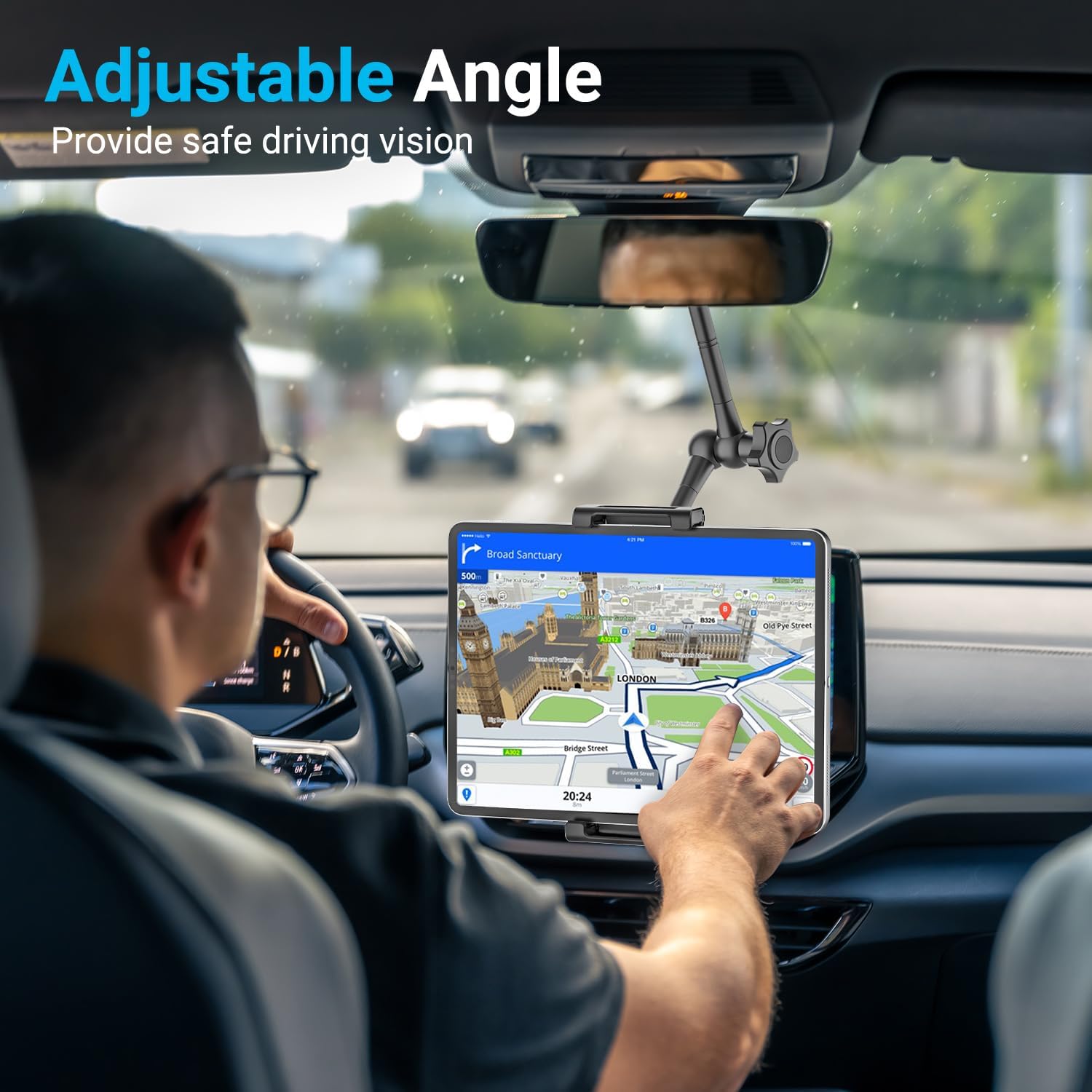 Rearview Mirror Metal Car Tablet Mount, 360° Rotation Magic Arm Rear View Mirror Tablet Holder for All 6.1-15.6" Devices, Fit Thickness Case (Deep Max 1.18'') for iPad Pro/Air/Mini, Galaxy Tab