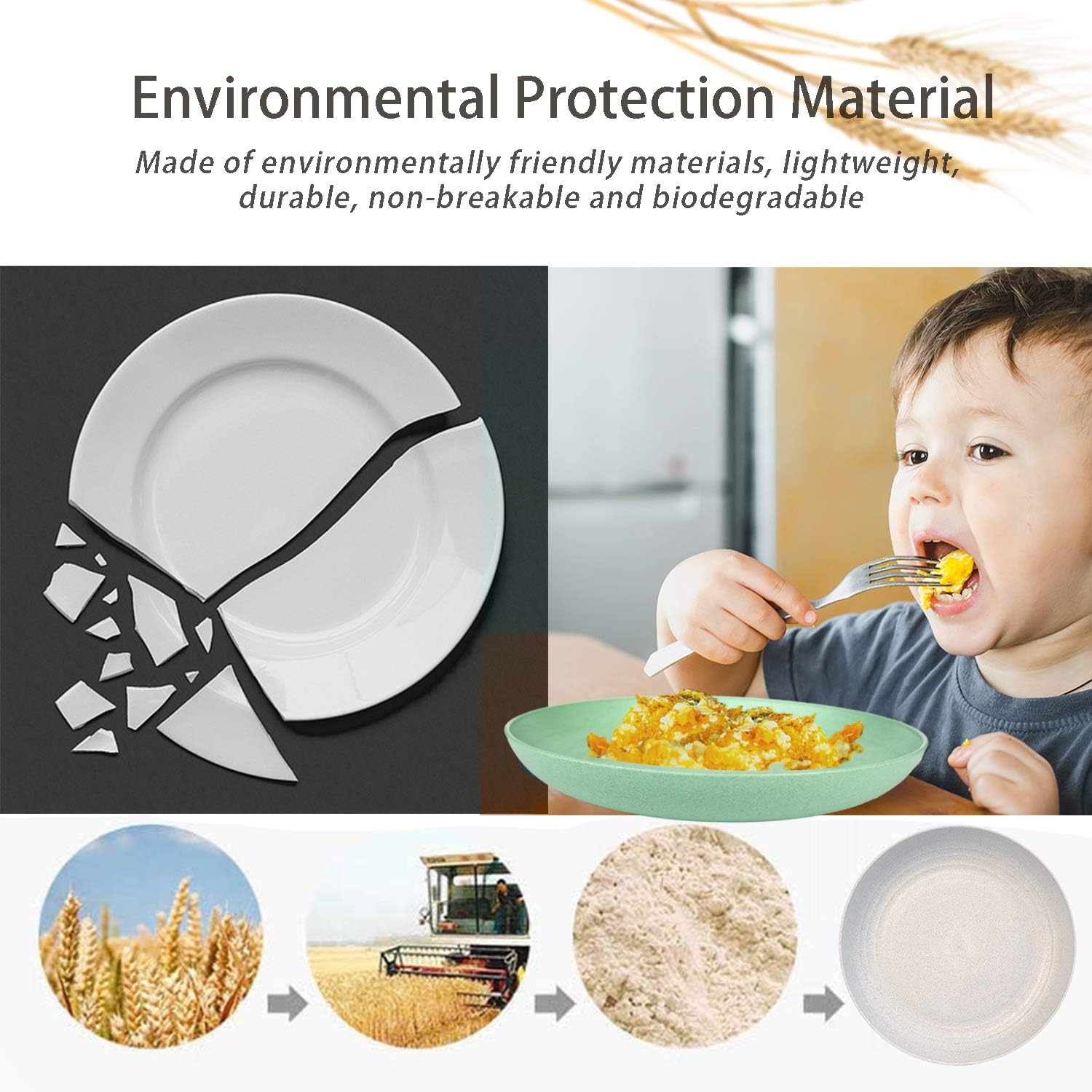TEETOOKEA 9 Inch Wheat Straw Dinner Plates, Dishwasher & Microwave Safe, Reusable, Unbreakable, Lightweight, Eco-Friendly & BPA Free for Kids & Adults (Set of 6, Deepened)