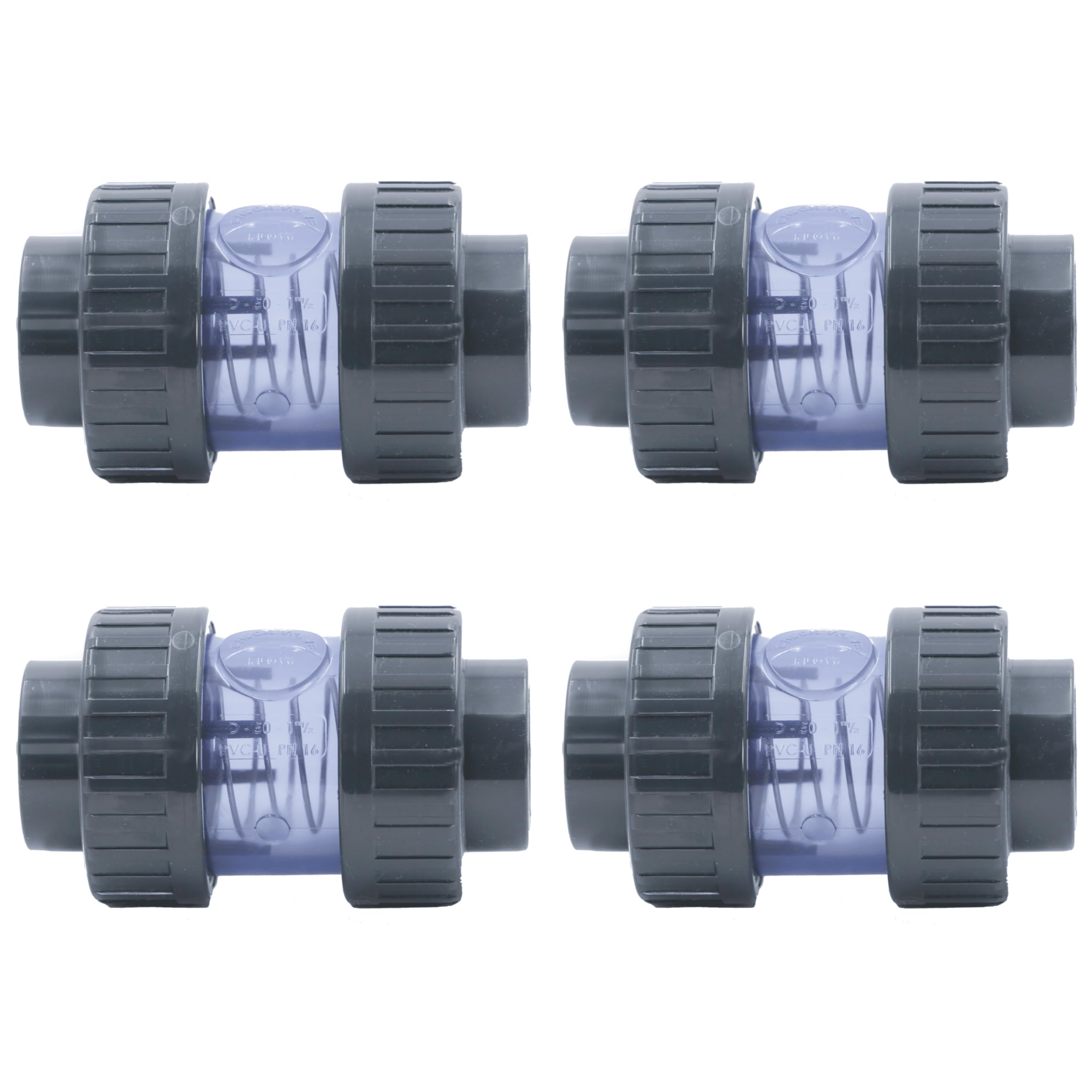 HAF® 4 x zawór zwrotny PCW przezroczysty z 2 x 63 mm mufą klejącą | obciążony sprężyną | stożkowy zawór zwrotny z szarego PVC U do wszystkich rurociągów | Jakość: Made in Europe - ilość: 4 sztuki