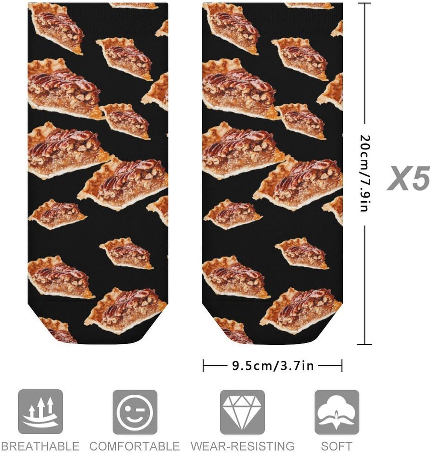 Pecan Pie Slice No Show Ankle Socks Low Cut Non Slip Flat Boat Line 5 Pairs Set