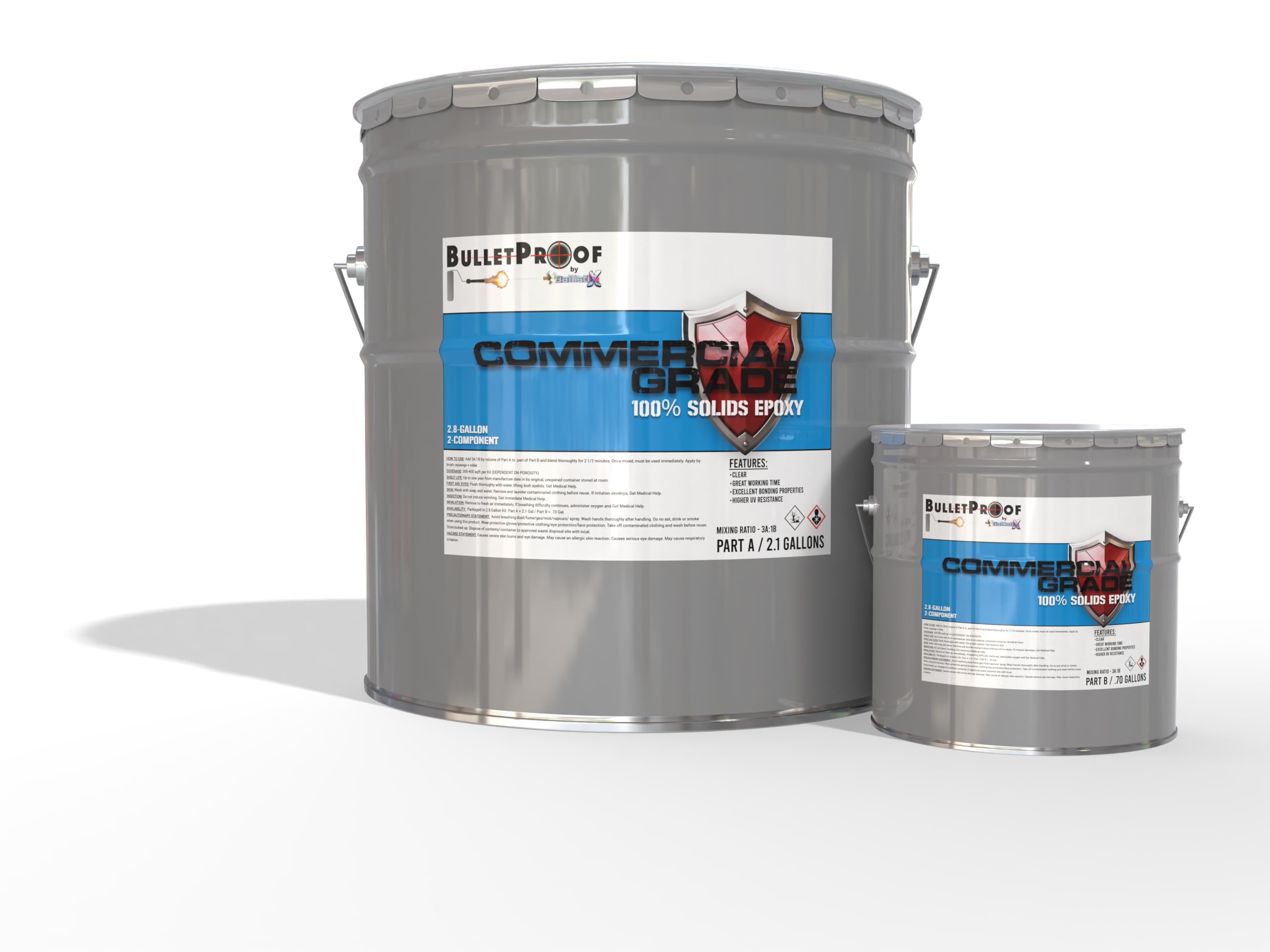 Bulletproof Resins: Commercial Grade 100% Solids Epoxy, 2-Component 2.8 Gallon Kit (Clear) Gloss Coat Finish- Low VOC - Higher UV Resistance - Industrial Use, Garages, Floors, Wood, Acrylic & More!