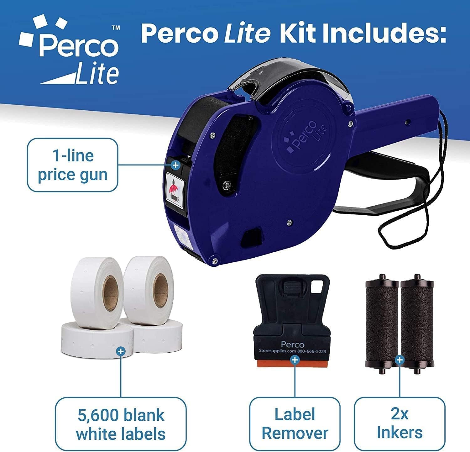 Perco Lite 1 Line Price Gun with Labels Kit - Includes 5,000 Blank White Labels, 2 Ink Rollers, 1 Ink roll and Labels Pre-Loaded : Office Products