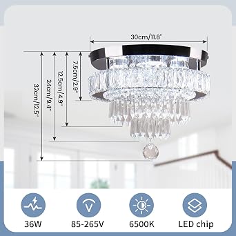 Modern Crystal Chandelier Ceiling Light,4-Tier K9 Crystal & Stainless Steel Flush Mount LED Ceiling Light, Energy-Efficient Cool White Light for Bedroom Living Room Hallway Kitchen Lighting 11.8