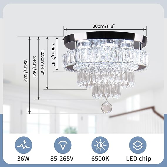 Modern Crystal Chandelier Ceiling Light,4-Tier K9 Crystal & Stainless Steel Flush Mount LED Ceiling Light, Energy-Efficient Cool White Light for Bedroom Living Room Hallway Kitchen Lighting 11.8
