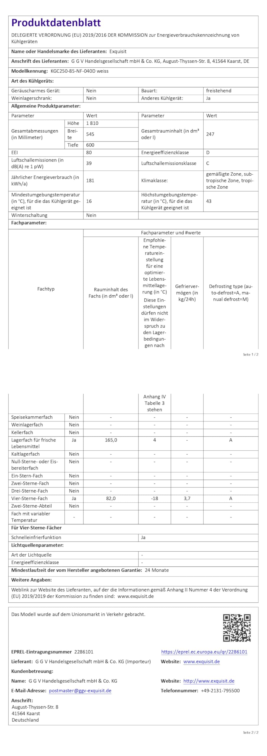 Exquisit Kühl-Gefrierkombination No-Frost, 247 L, Weiß, 39 dB | Freistehend, 4-Sterne-Gefrierfach, Schnellgefrieren, Energieklasse D – ideal für 3–4 Personen