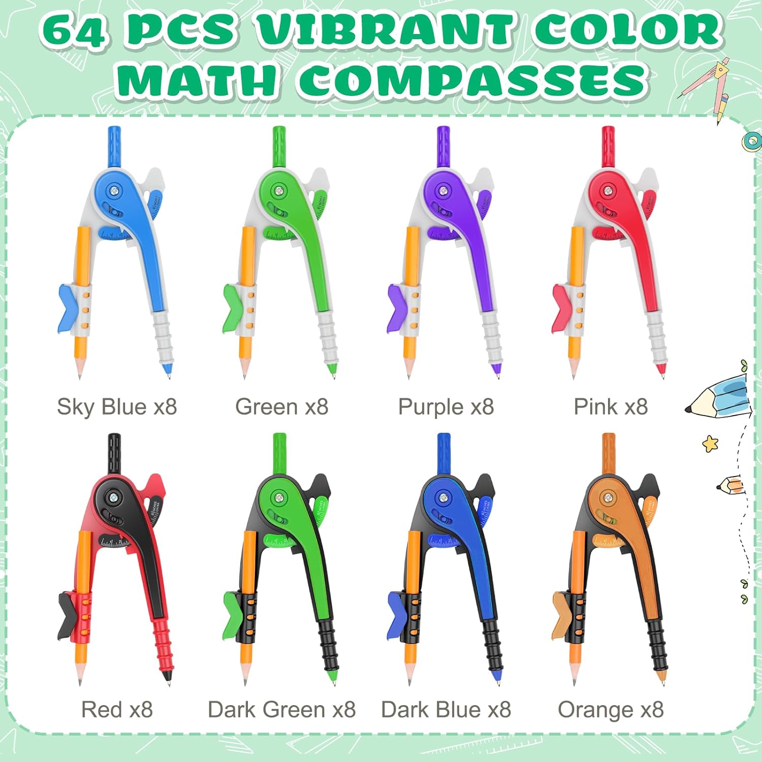 64 PCS Math Compass Geometry Math Set 6 Inch Plastic Drawing Compass with Pencils for Math Student Classroom School Office Woodworking Art Drawing