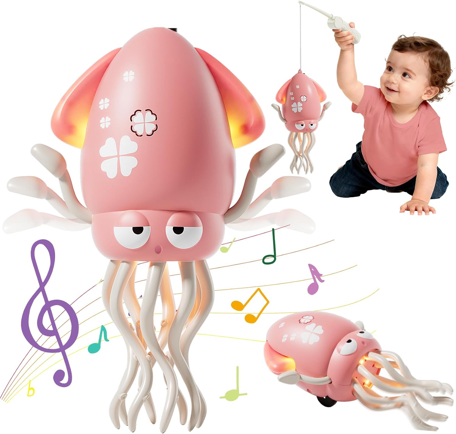 Electric Crawling Octopus Toy with LED Lights & Music, Smart Obstacle Avoidance, Interactive Auto-Dance Octopus for Gifts, Toddlers, Indoor Fun, Brings Endless Giggles (Pink)