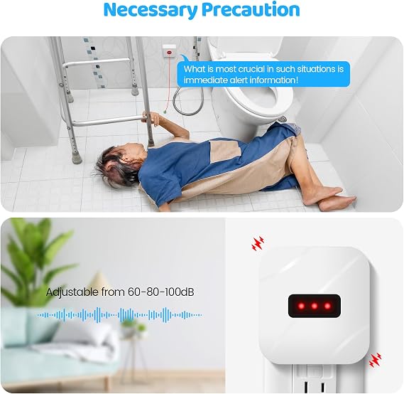 Emergency Call Light System with Pull Cord and Call Button, 60dB 80dB 100dB Adjustable Volume Alarm, Waterproof, 300 Feet Wireless Range, Designed for Accidental Falls in the Bathroom