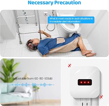 Emergency Call Light System with Pull Cord and Call Button, 60dB 80dB 100dB Adjustable Volume Alarm, Waterproof, 300 Feet Wireless Range, Designed for Accidental Falls in the Bathroom